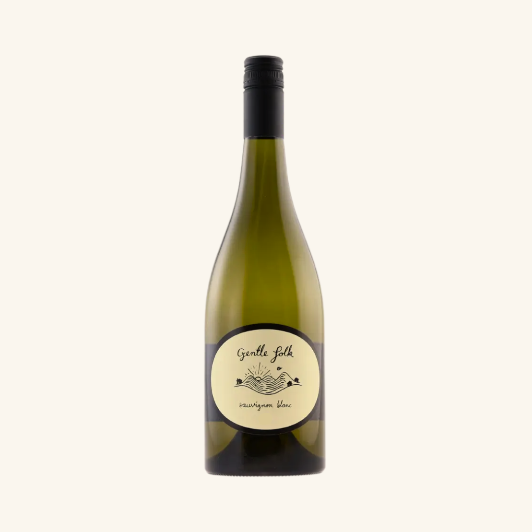 A bottle of Gentle Folk Sauvignon Blanc wine with a label showing the brand and variety.