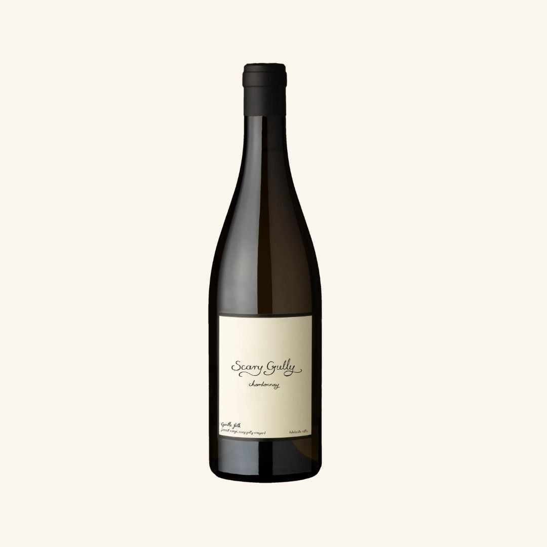 Wine bottle with labeled scary gully chardonnay gentle folk, on a white background