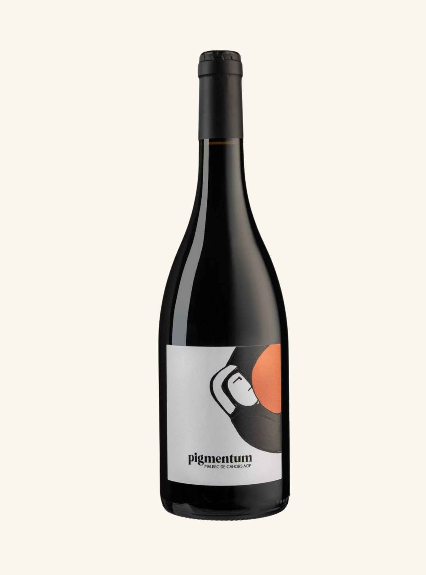A bottle of Pigmentum Red Wine from France, featuring a minimalist black, white, and orange label on a light cream background.