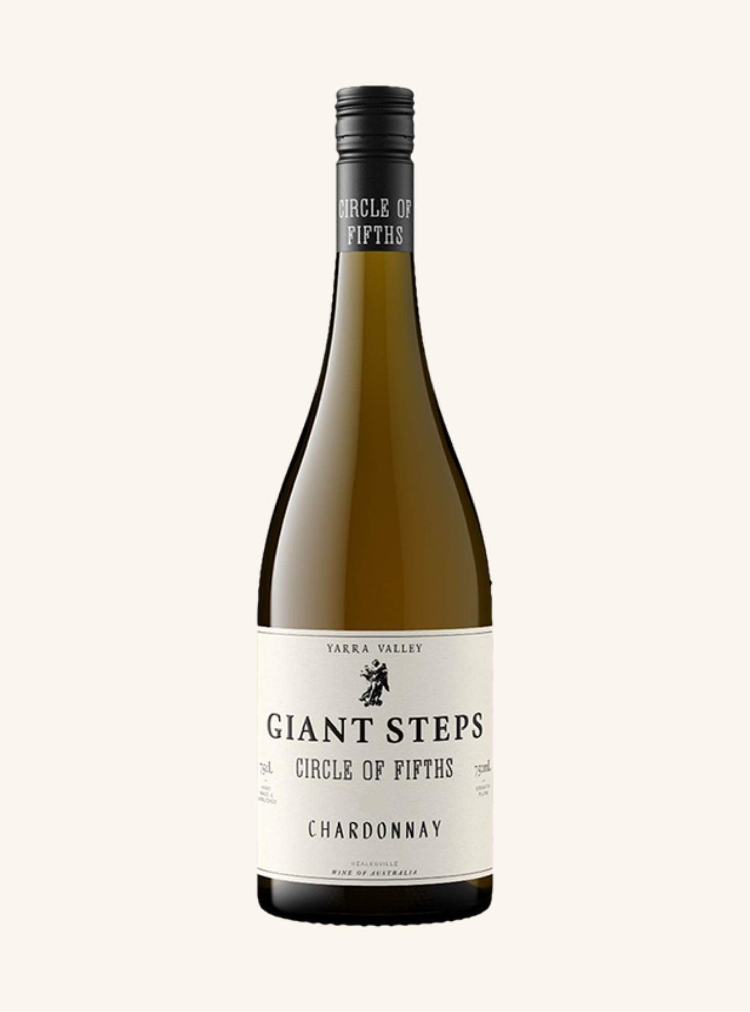 Wine bottle labeled 'Giant Steps circle of fifths chardonnay' on a white background