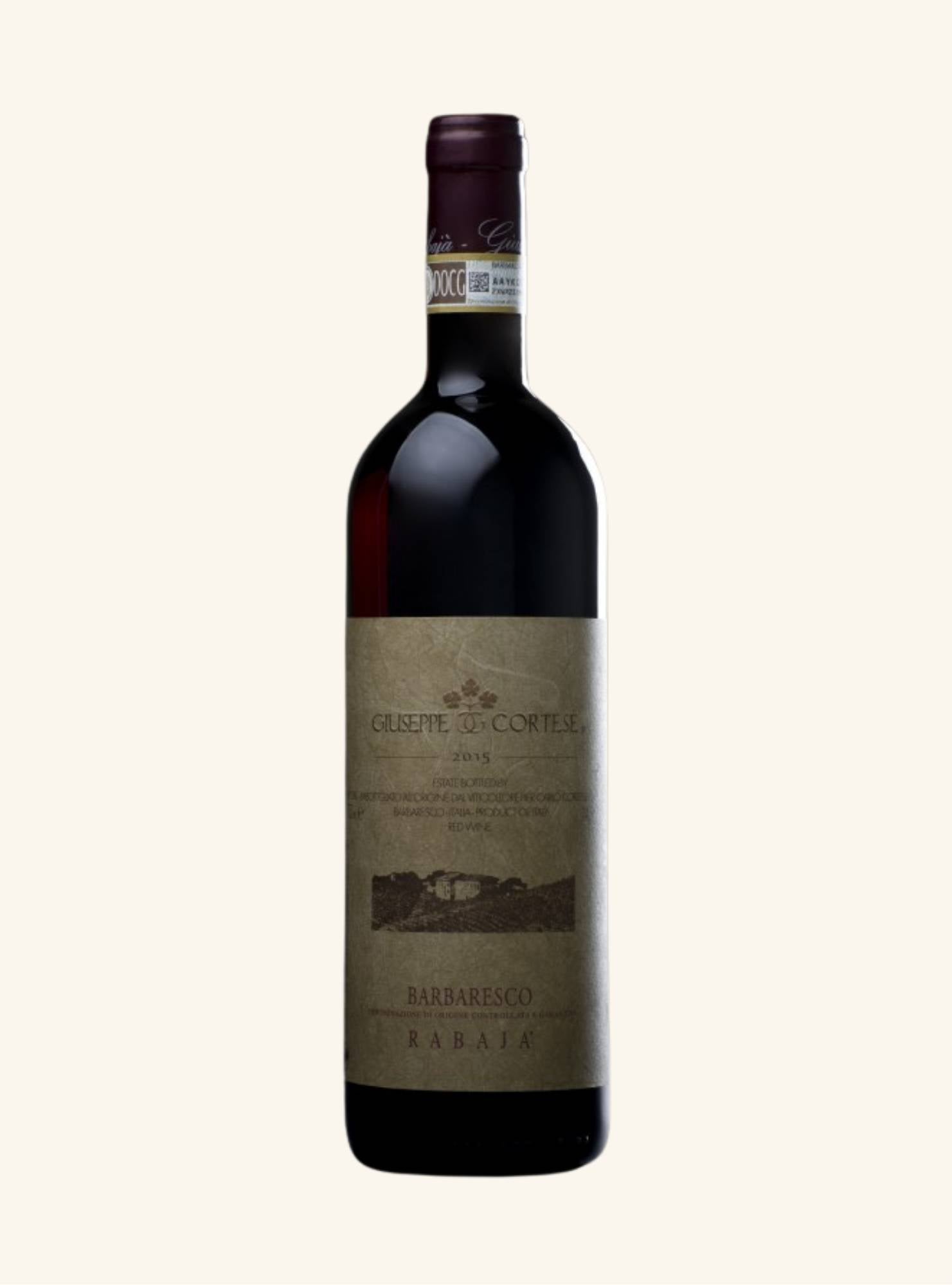 Wine bottle with a label branded giuseppe cortese barbaresco rabarja on a white background