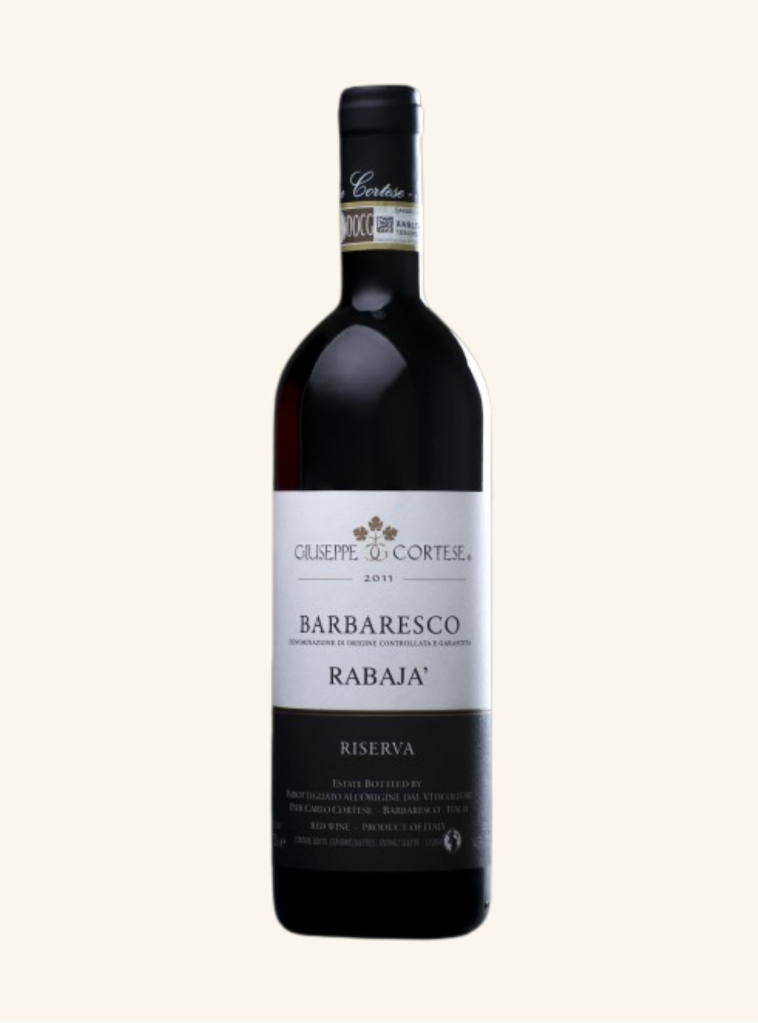 Wine bottle with label branded giuseppe cortese barbaresco rabaja riserva on a white background