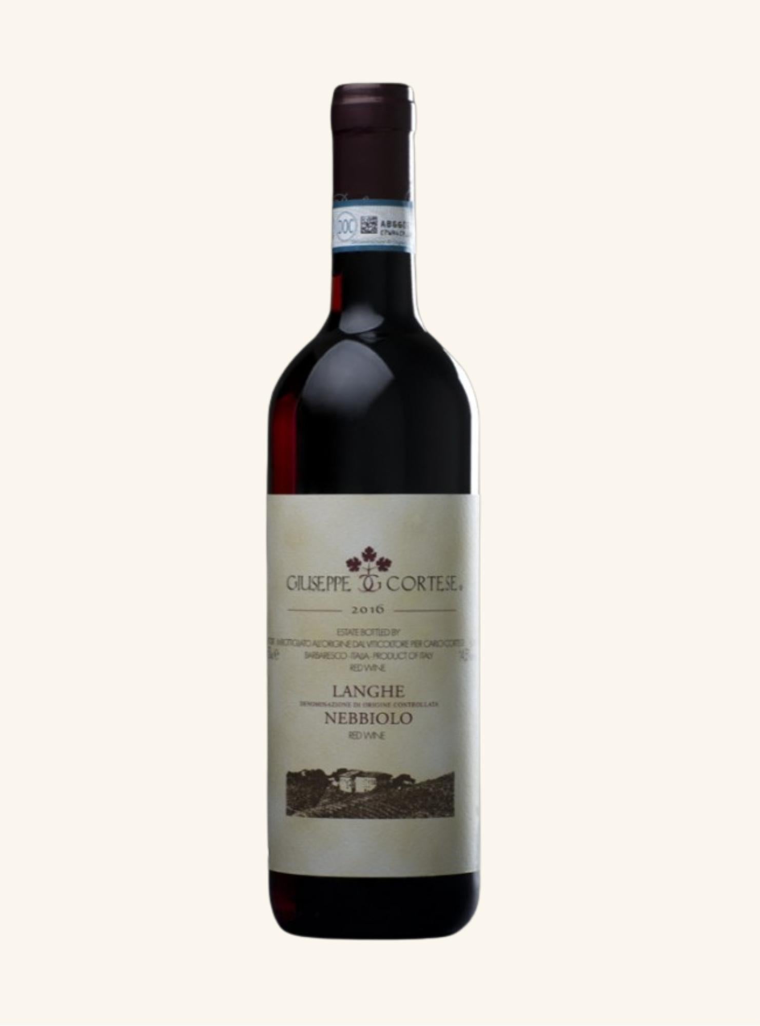 Red wine bottle with a label branded giuseppe cortese langhe nebbiolo on a white background