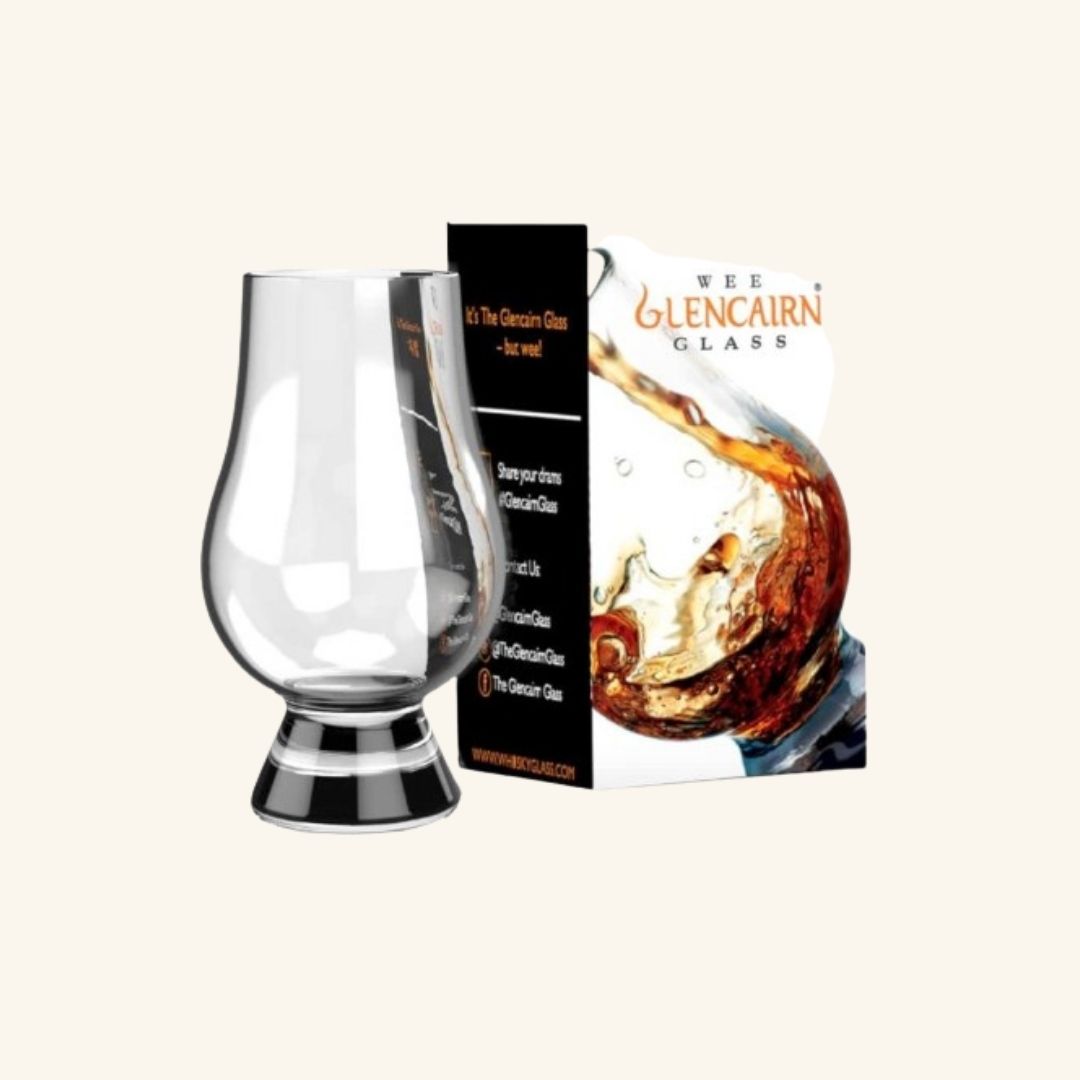 Glencairn wee whisky glass with packaging on a white background