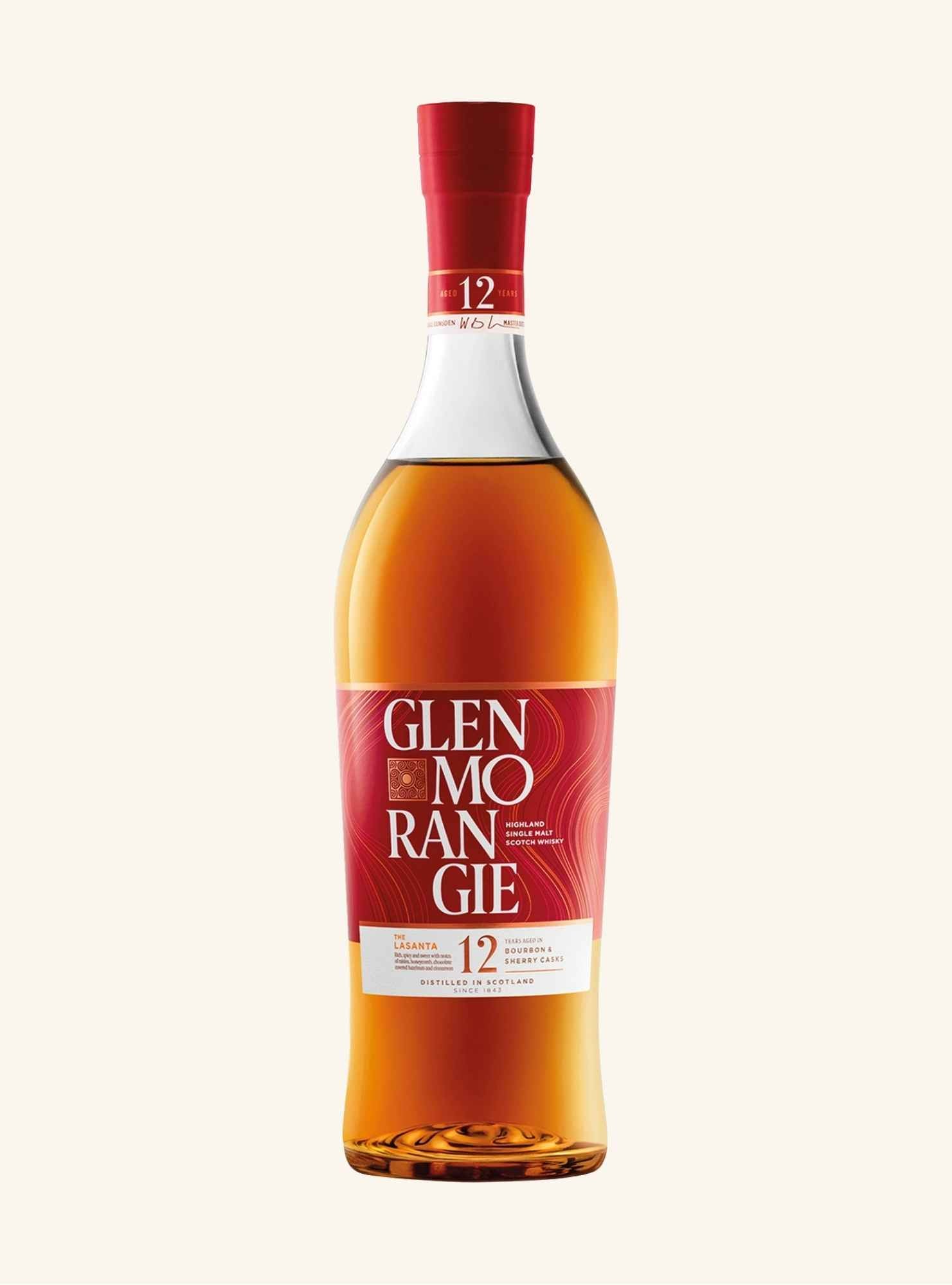GlenMorangie 12 year old lasanta whisky bottle with red label on a white background