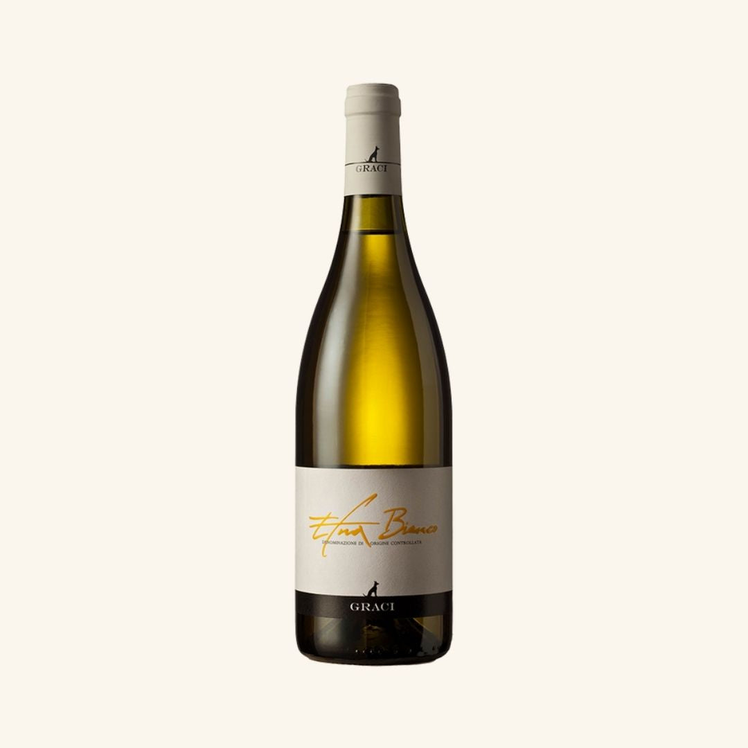 Wine bottle with a label branded graci etna bianco on a white background