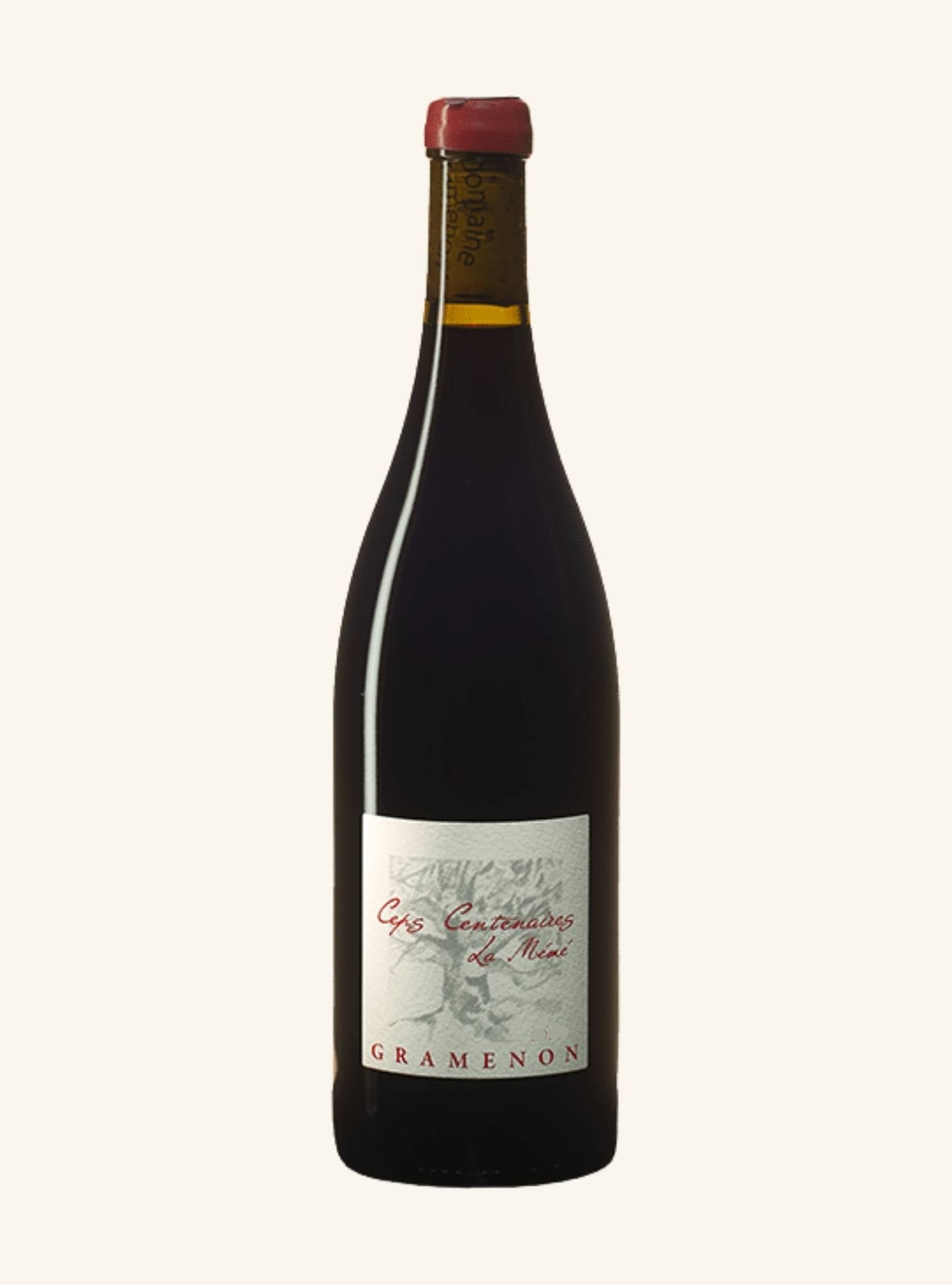 Wine bottle with a label branded ceps Centenaires la meme gramenon on a white background
