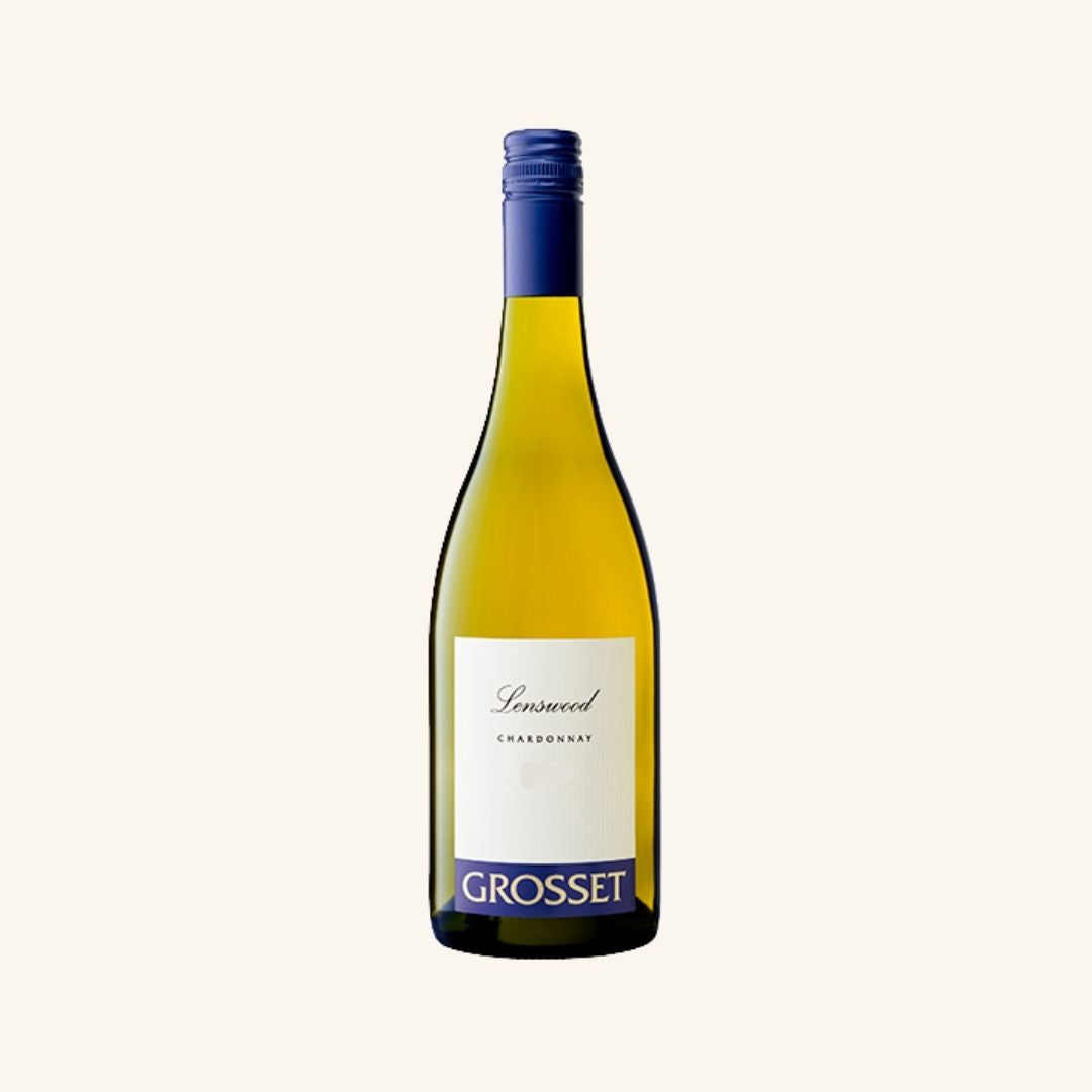wine bottle branded grosset lenswood chardonnay on a white background.