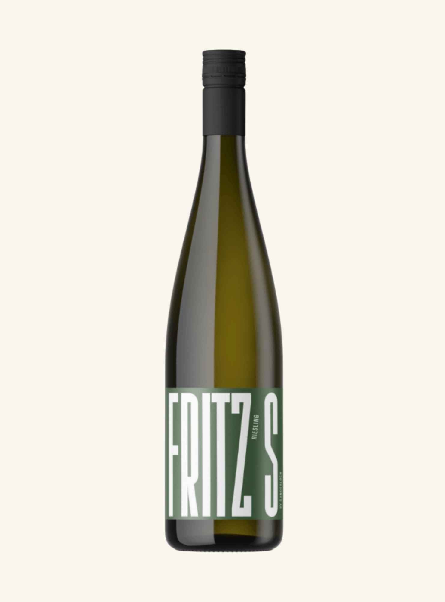 A bottle of Fritz S. Alsenberg Riesling wine, featuring a dark green glass bottle with a black screw cap and a green and white label, set against a solid off-white background.