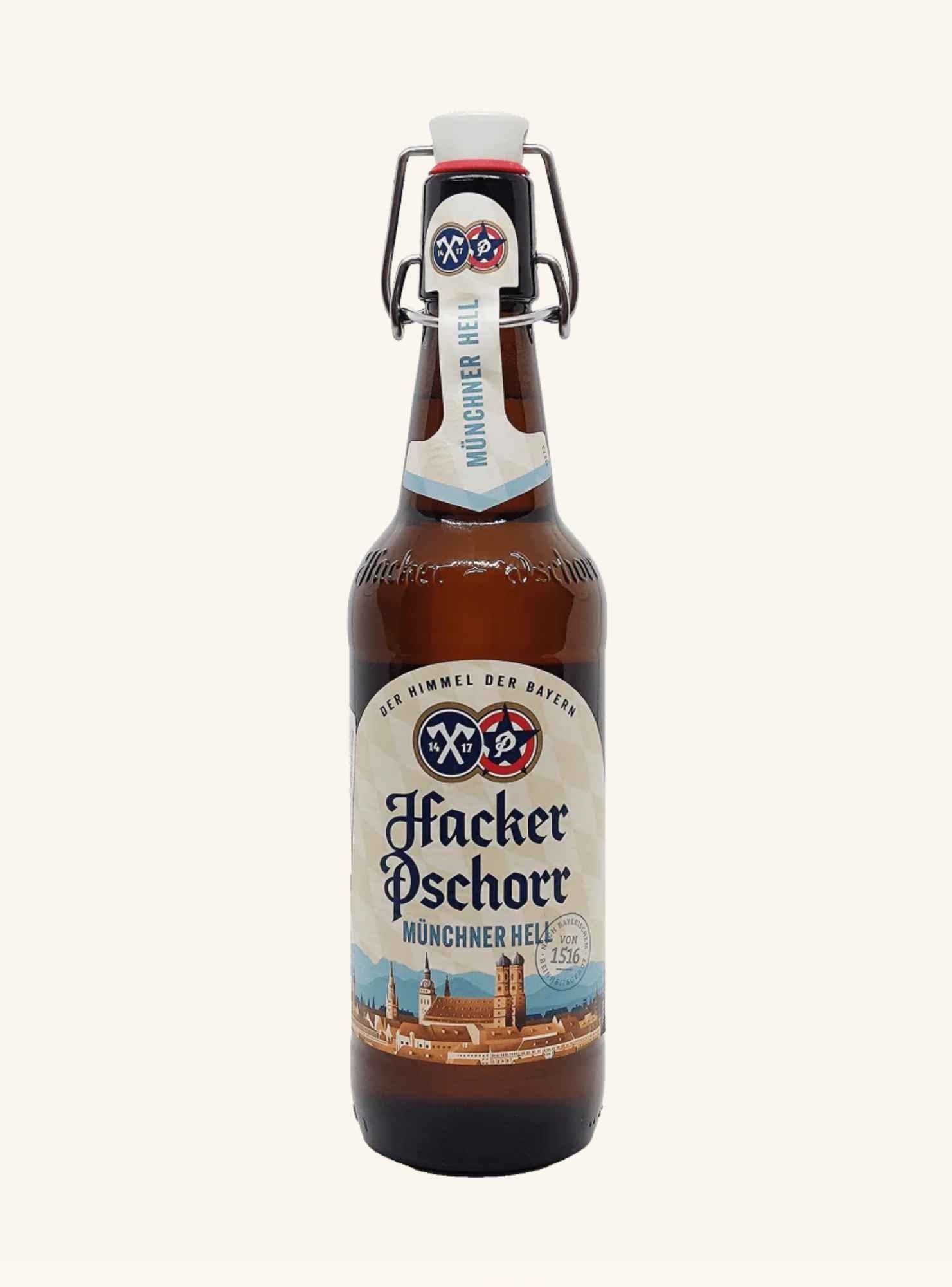 A brown glass swing-top bottle of Hacker Pschorr München-Beil beer, featuring a cream-colored label with blue text and a small illustration of a church, set against a solid off-white background.