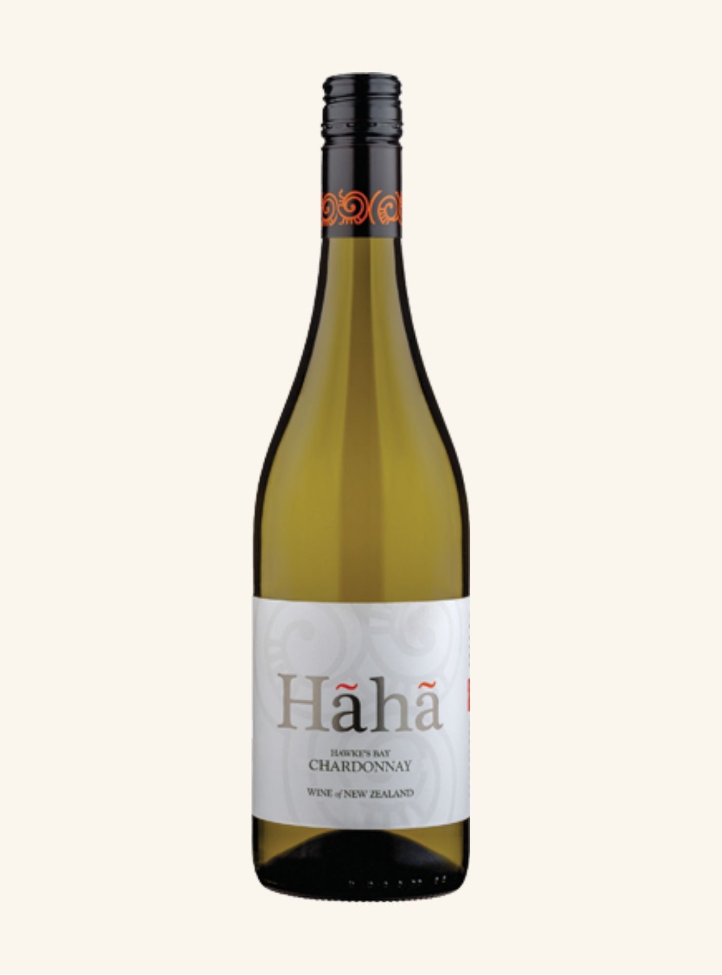 Haha chardonnay wine bottle with a white label on a light gray background