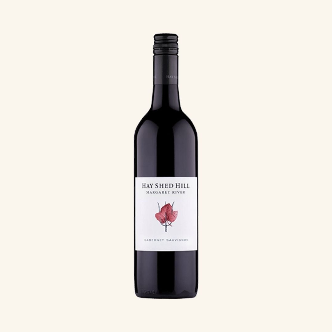Wine bottle with 'Hay Shed Hill Margaret River Cabernet Sauvignon' label on a white background