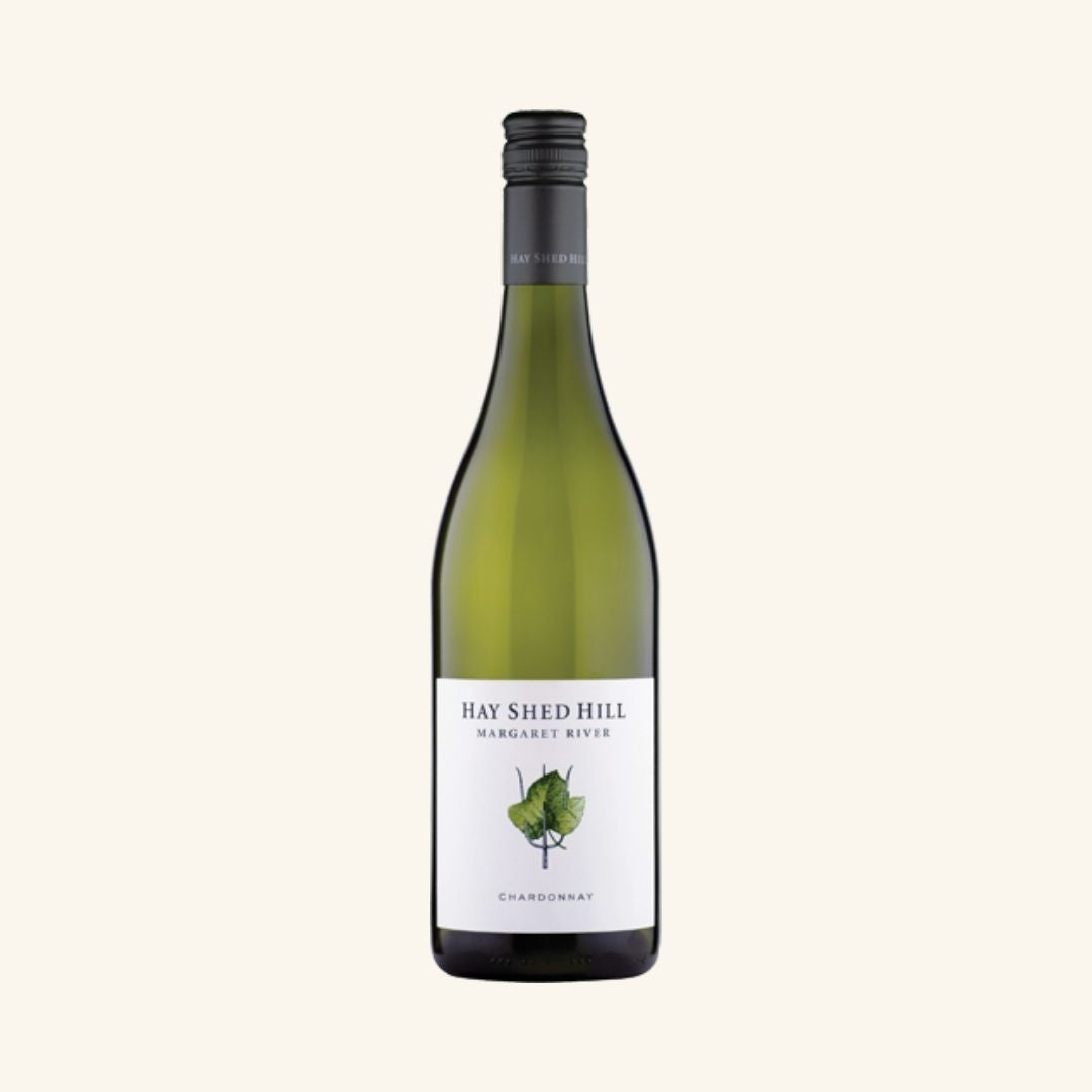 Wine bottle with 'Hay Shed Hill Margaret River Chardonnay' label on a white background