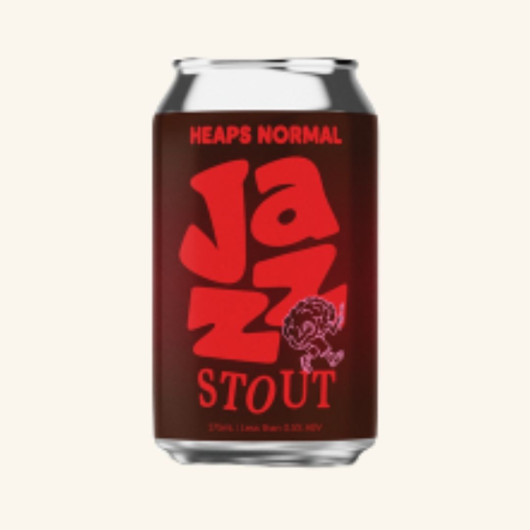 Can of Heaps Normal Jazz Stout with red text on a white background