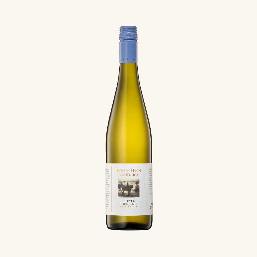 Bottle of Heggies Vineyard Estate Riesling wine with a blue cap, positioned against a plain background.