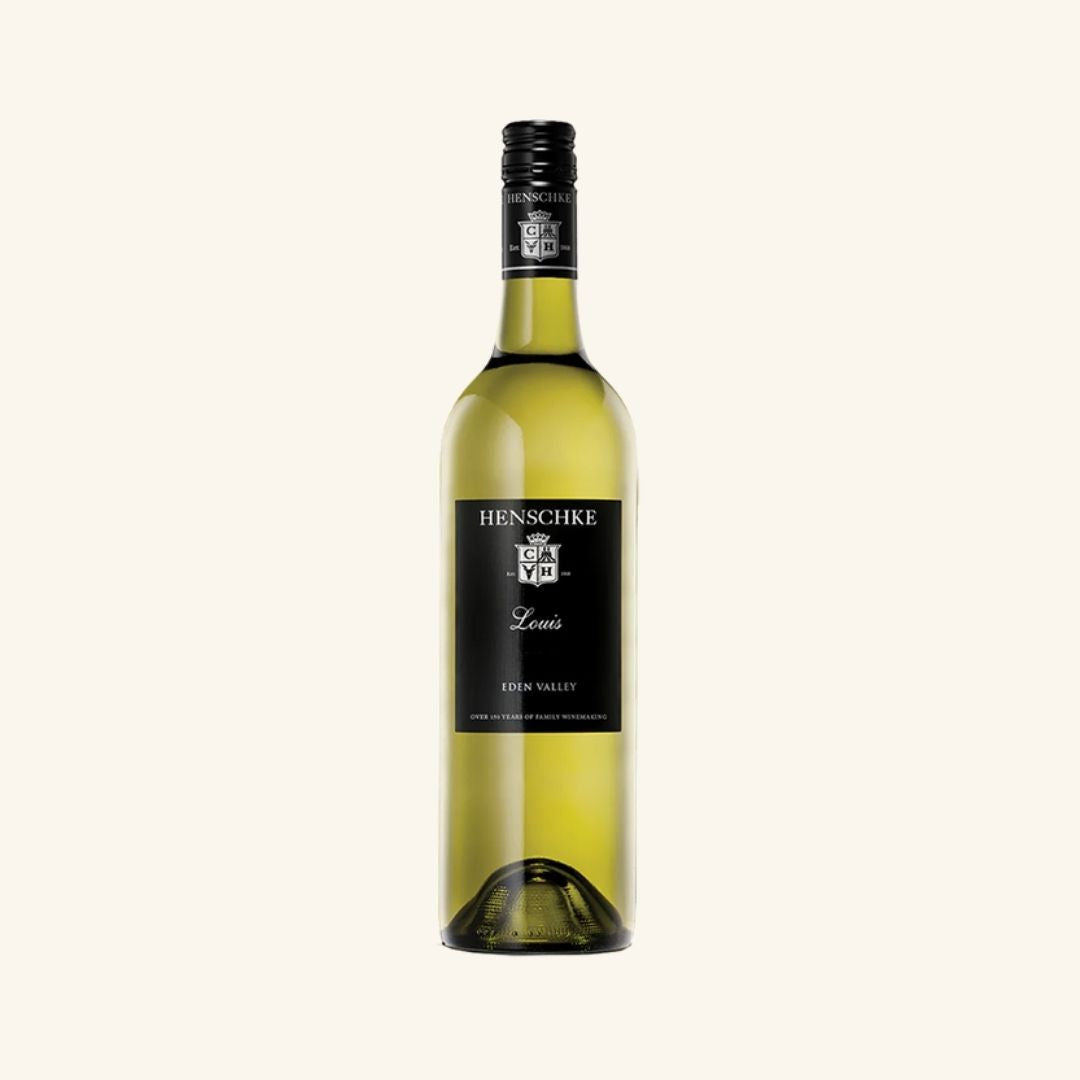 Wine bottle with a black label branded henschke louis eden valley on a white background