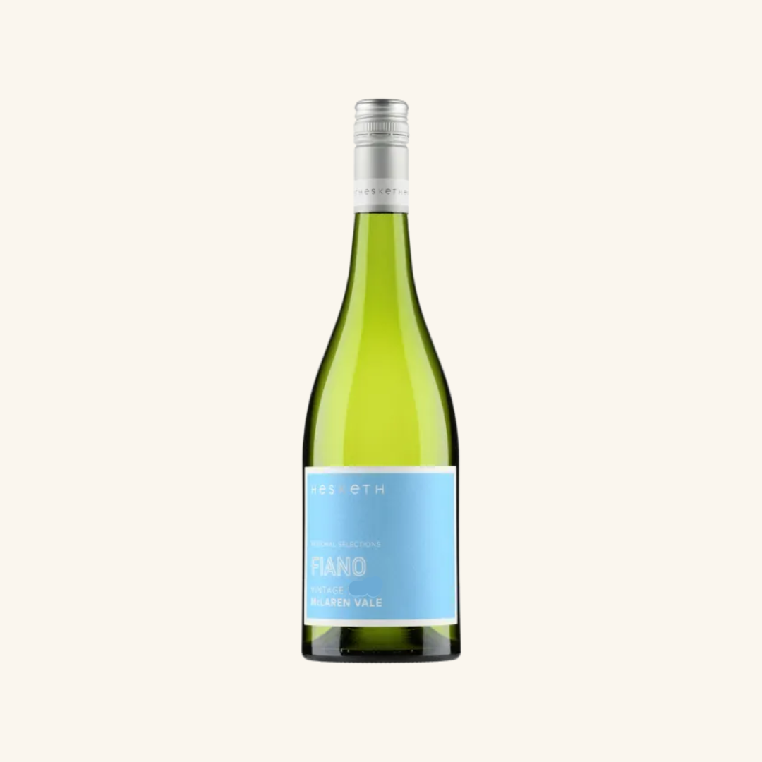 Bottle of Hesketh Fiano white wine with a label displaying the brand, variety, and vintage.