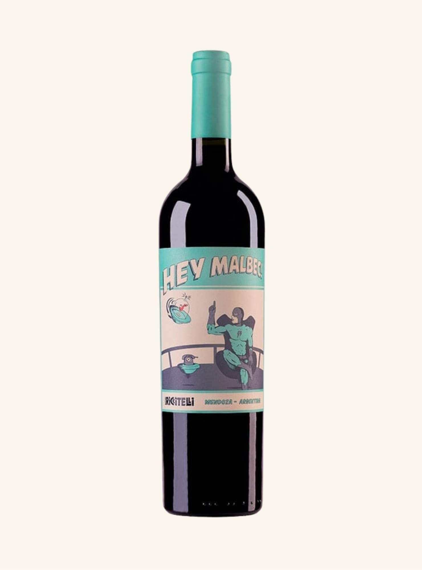 Wine bottle with a colorful label branded hey malbec on a white background