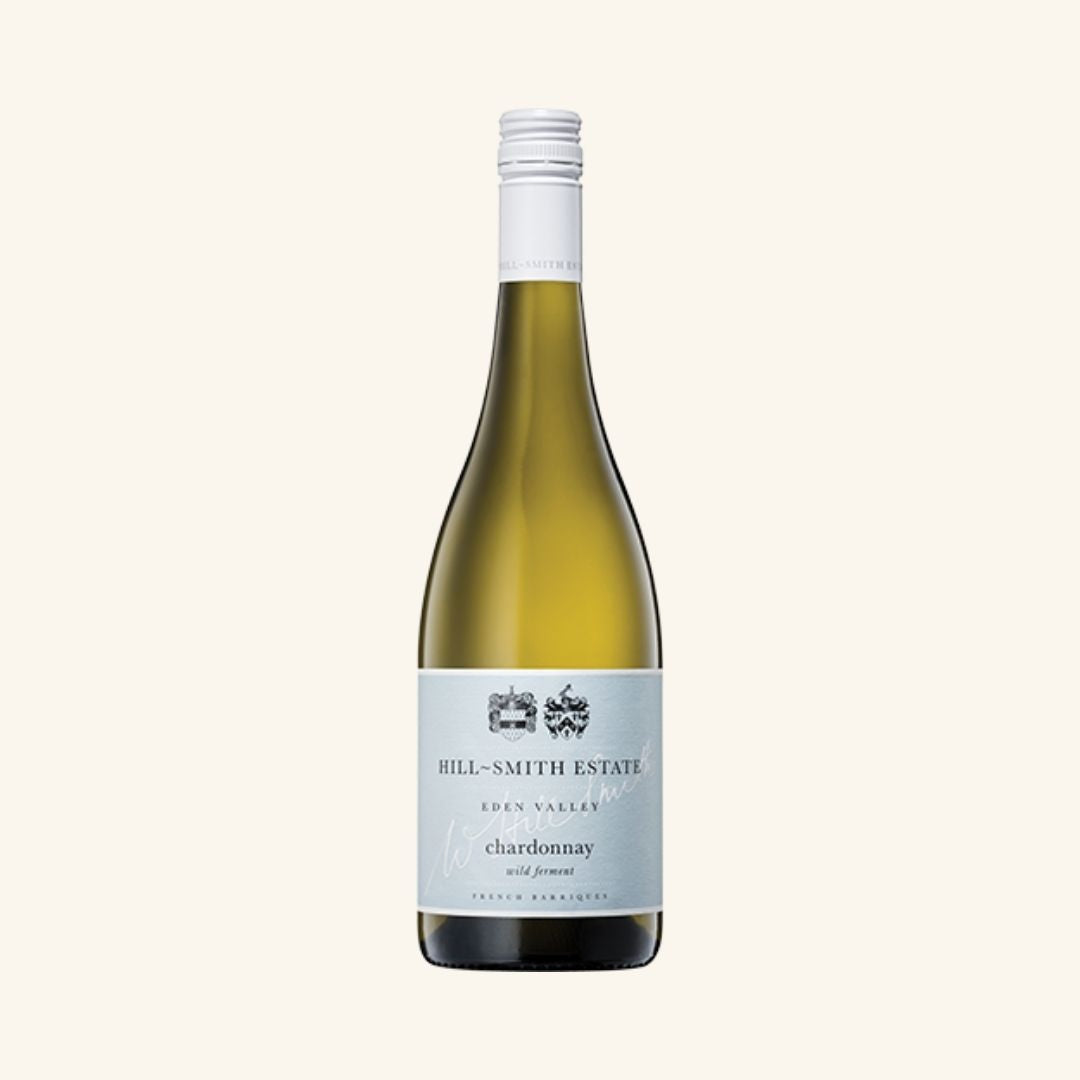 Bottle of Hill-Smith Estate Chardonnay with a egg shell coloured label, on a white background