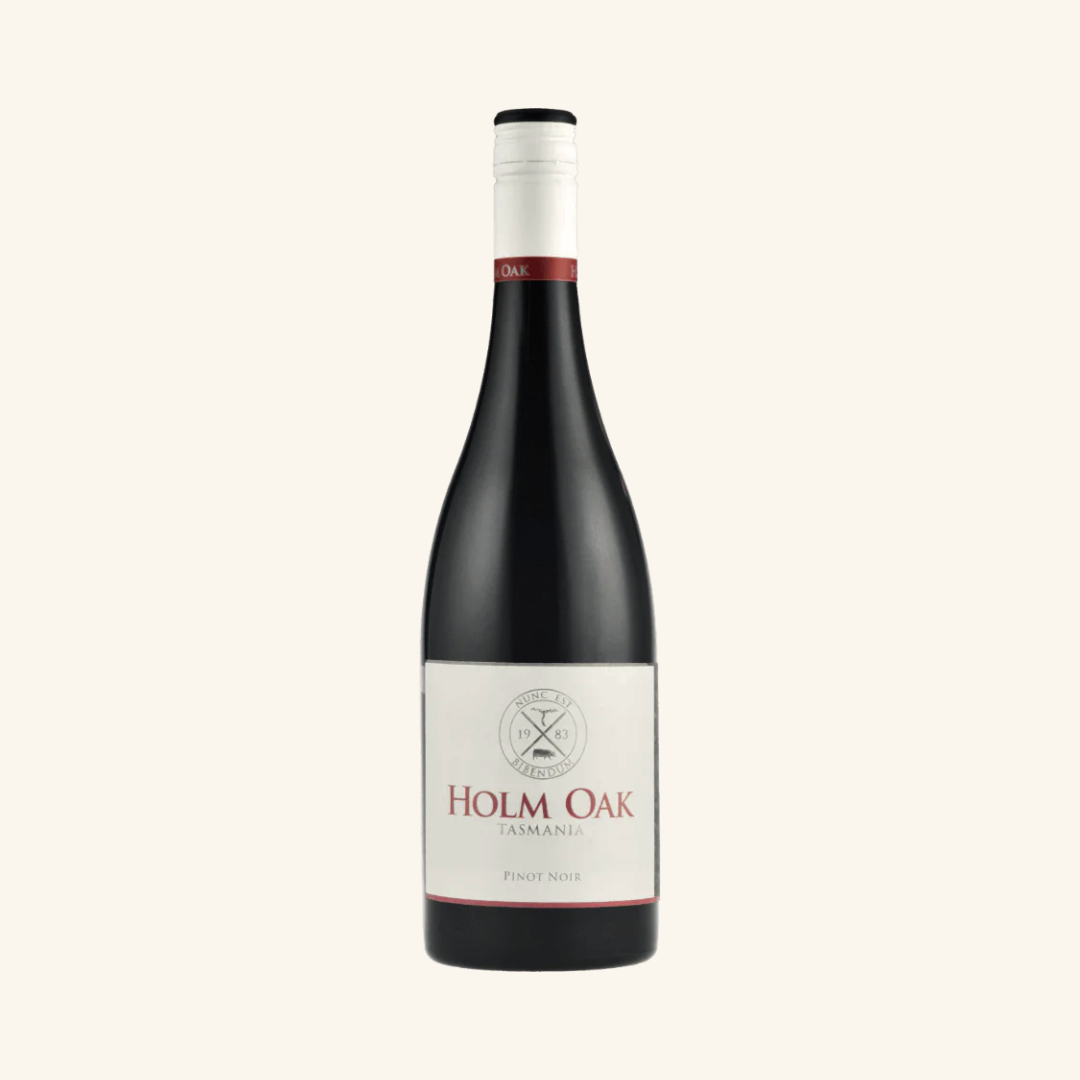 A bottle of Holm Oak Pinot Noir wine with a label that includes the brand name and the variety of wine.