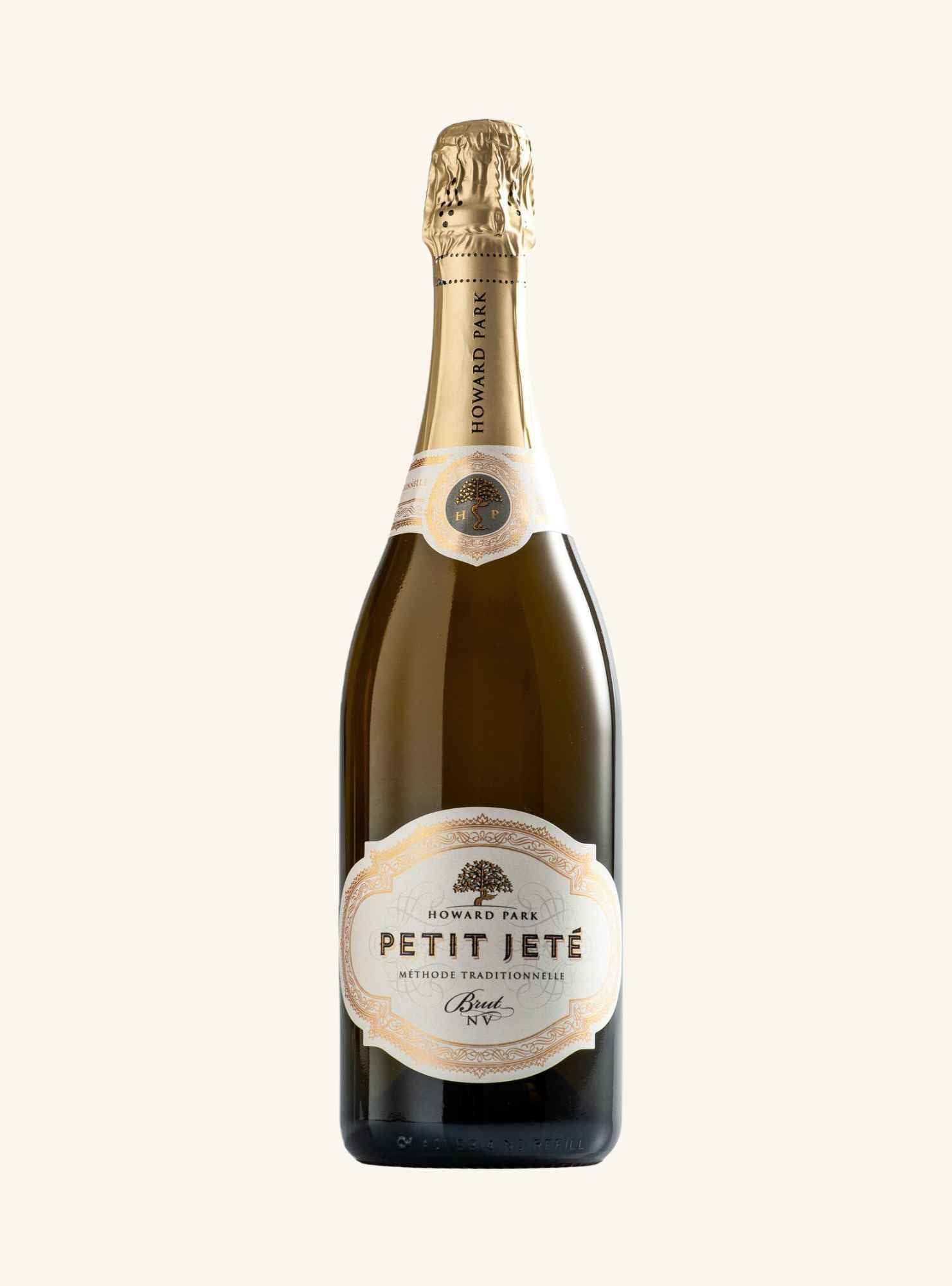 A bottle of Howard Park Petit Jeté Champagne on a solid off-white background.