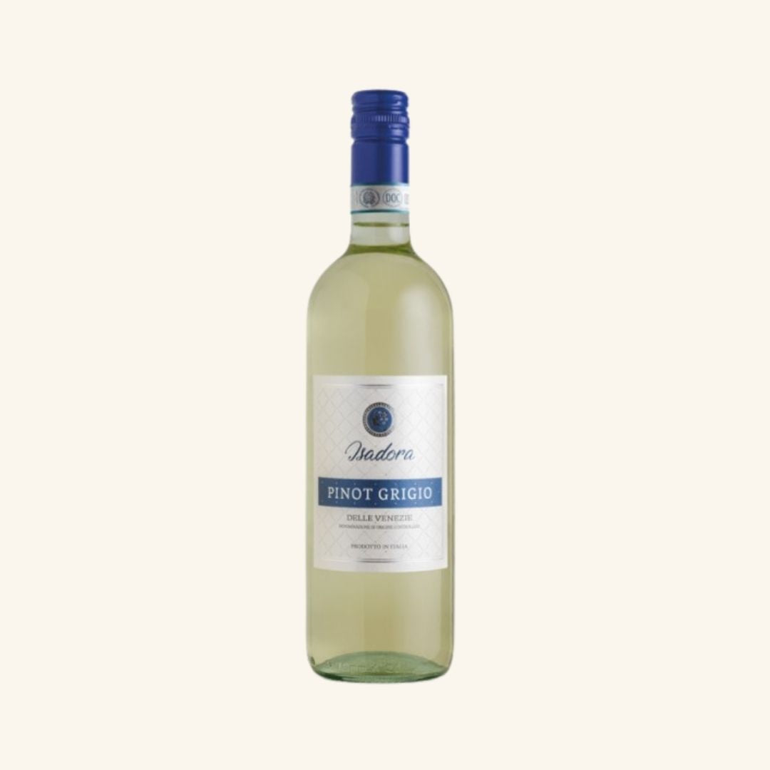 Bottle of Isadora Pinot Grigio wine on a white background
