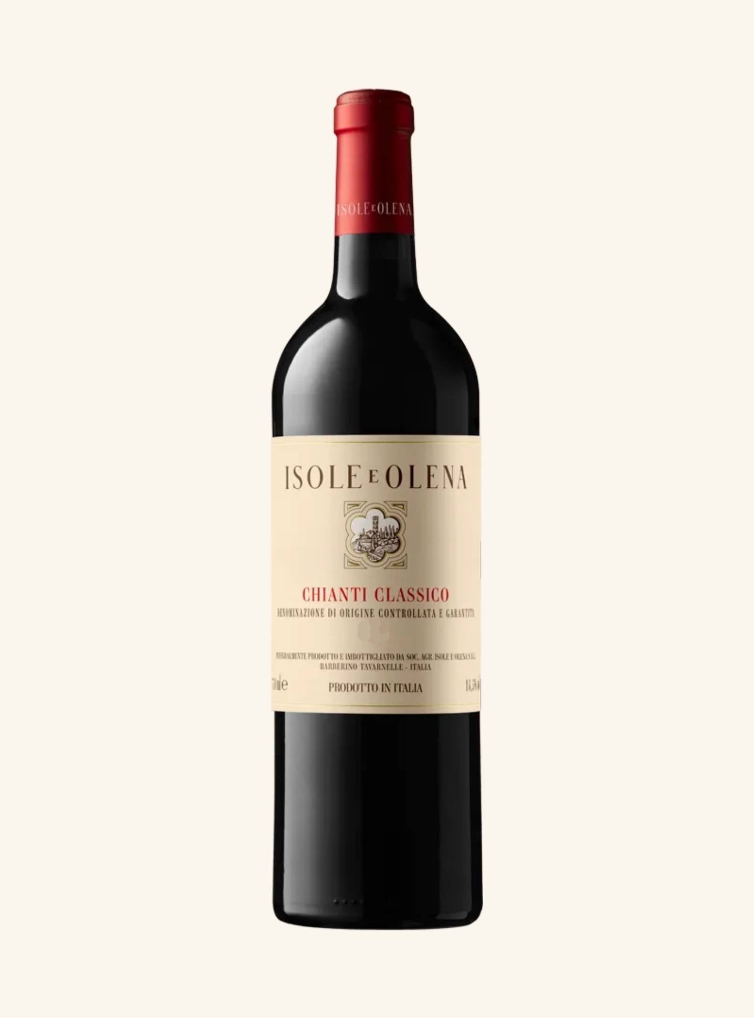 A bottle of Isole Olena Chianti Classico red wine, featuring a dark glass bottle with a cream-colored label and a red foil capsule, set against a solid off-white background.