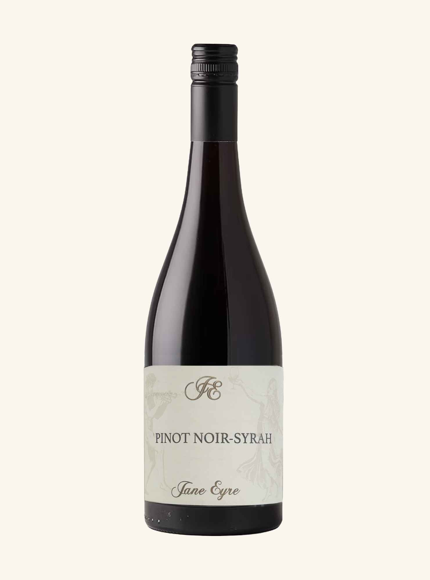 A dark glass bottle of Jane Eyre Pinot Noir-Syrah red wine with a cream-colored label and a black screw cap, centered on a light cream background.