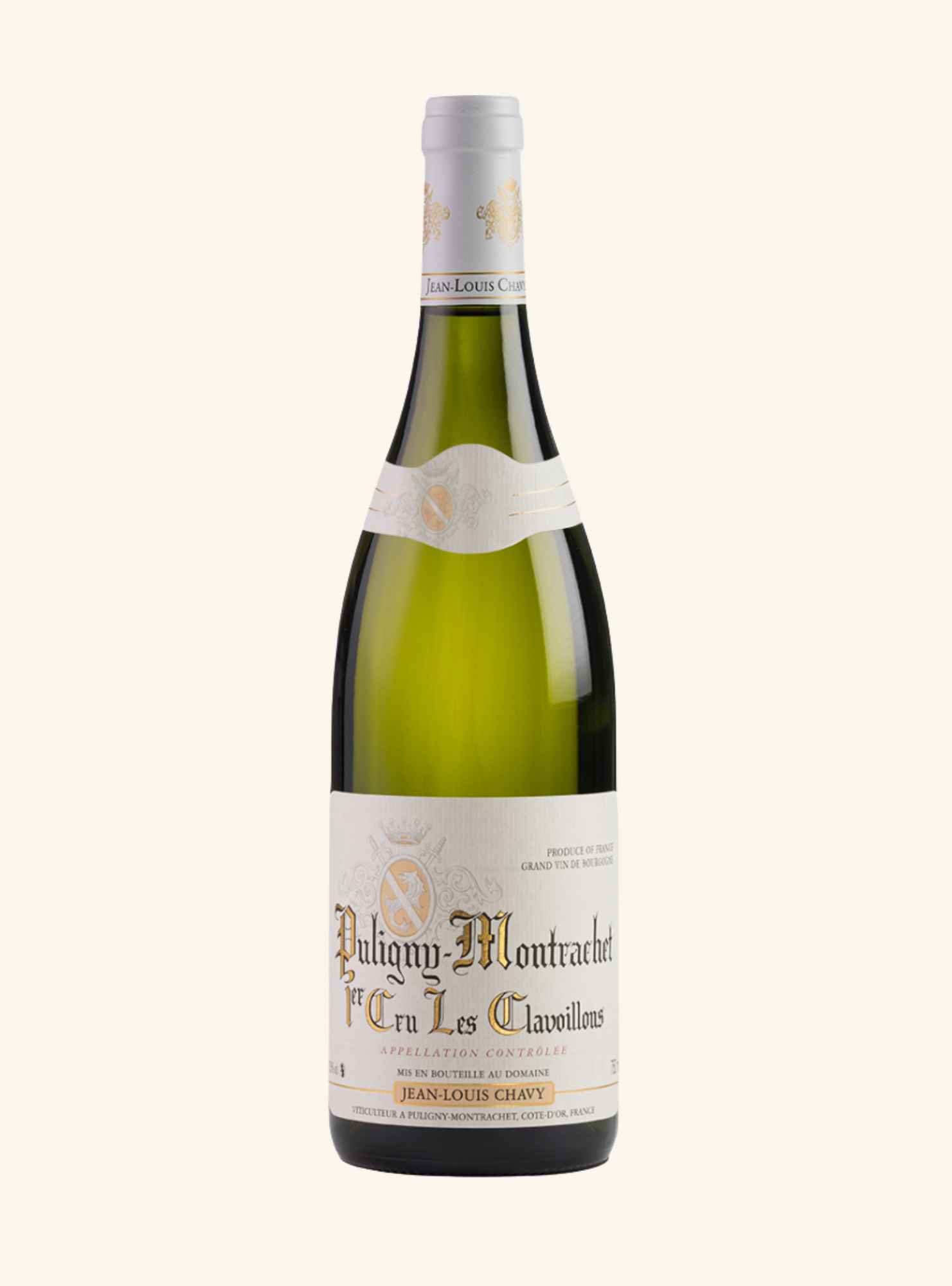 bottle of jean louis chavy white wine branded with puligny montrachet 1er cru les clavoillons on a white label with a beige background.
