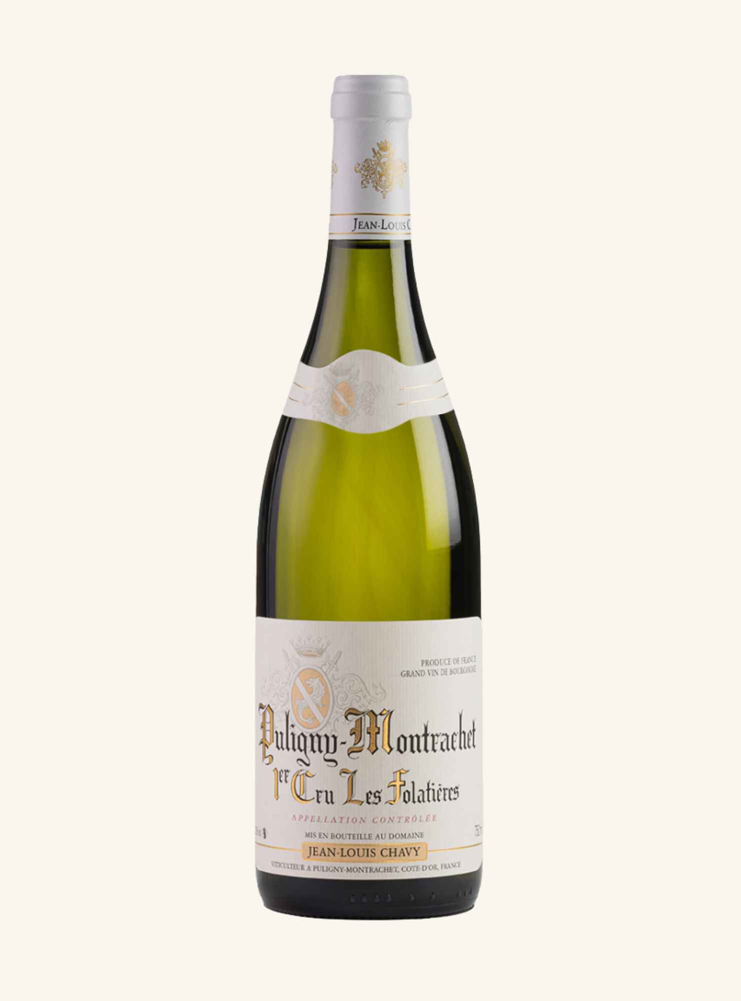 green bottle of white wine with a white label branded jean-louis chavy puligny montrachet les folatieres, superimposed over a white background.