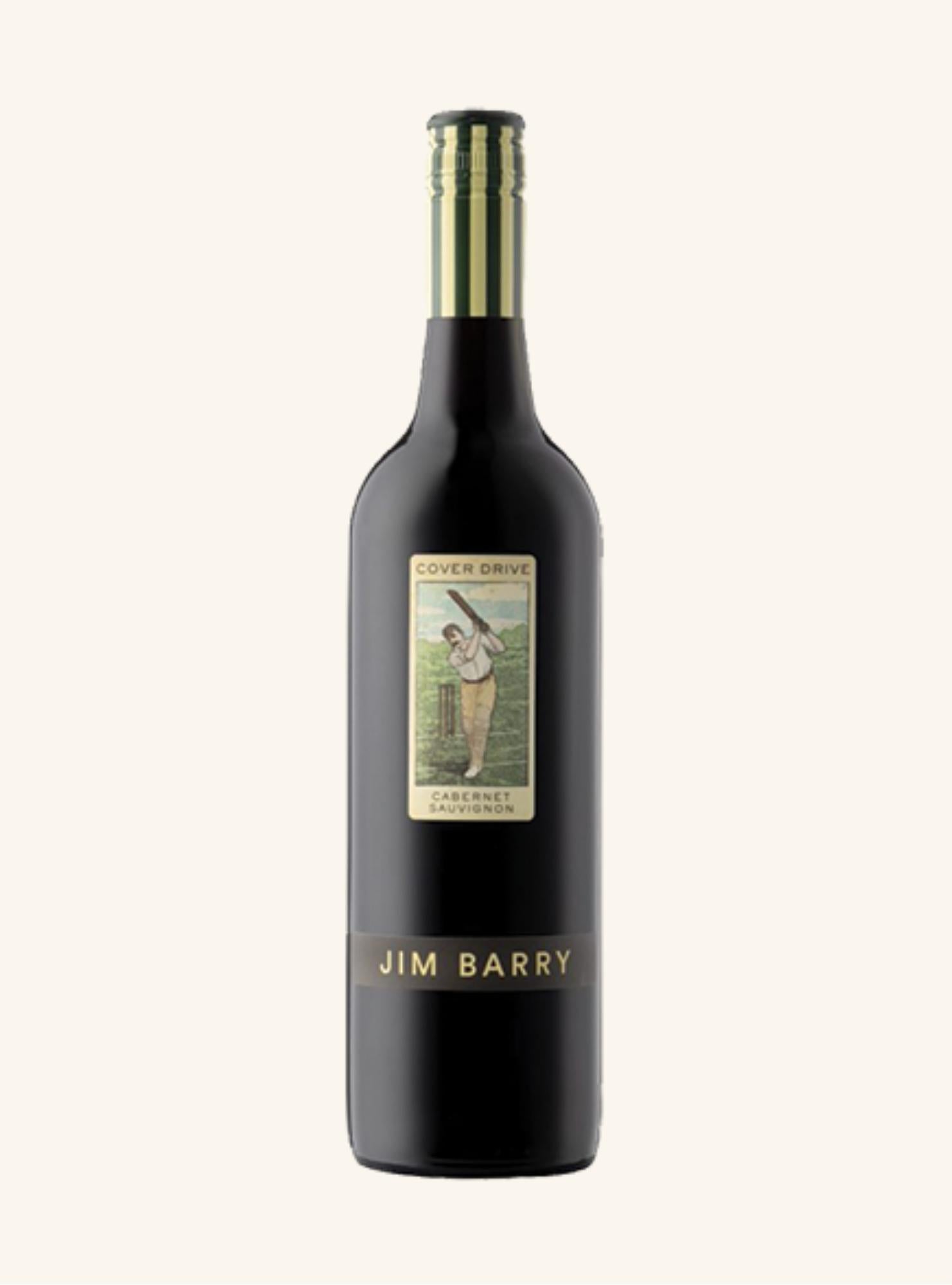 Wine bottle labeled 'Jim Barry cover drive cab sauv', with a picture of a cricket batsman,  on a white background