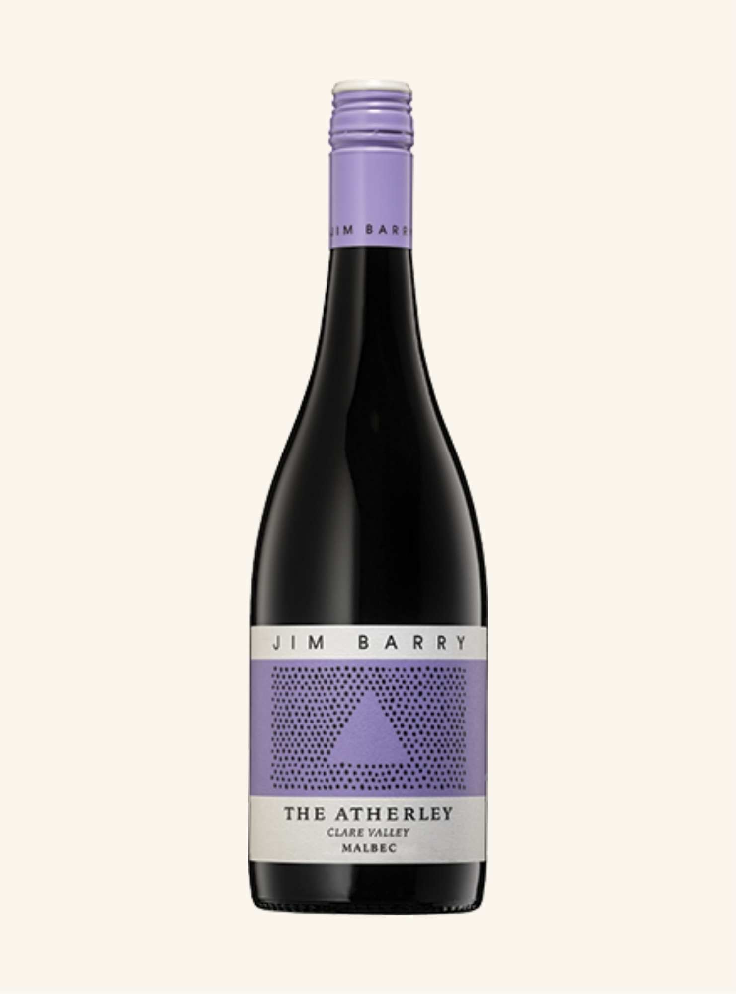 Wine bottle with purple label with jim barry the atherley clare valley malbec branding,  on a white background