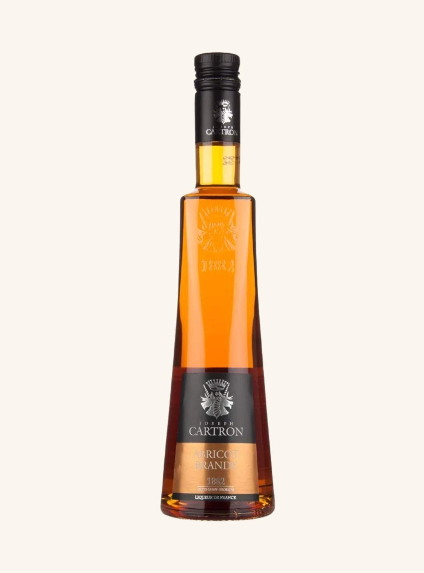 Bottle of Cartron apricot brandy liquor on a white background