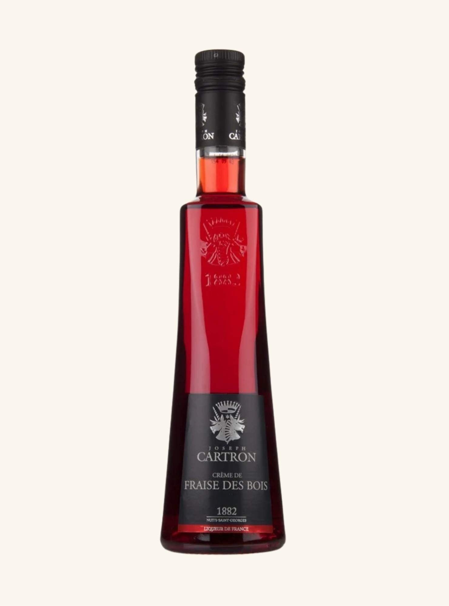 Bottle of Cartron liqueur fraise des bois on a white background