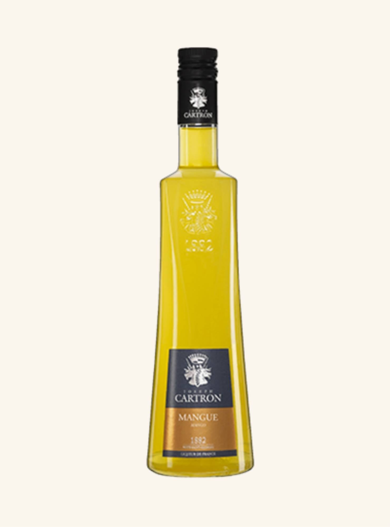 Bottle of Cartron Manque (Mango) liqueur on a white background
