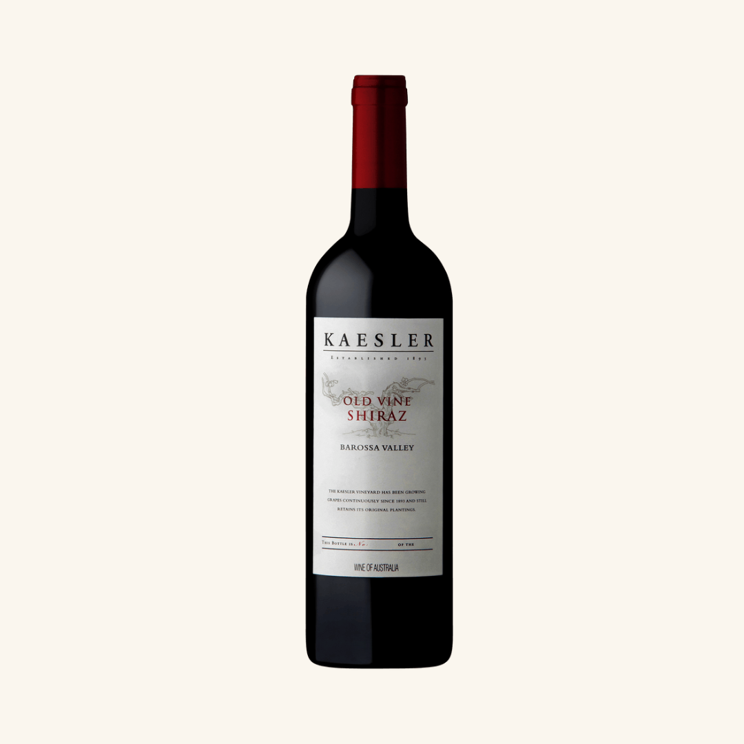 Bottle of Kaesler Old Vine Shiraz wine with a red cap and a label that includes the brand name and the variety 'Shiraz'. The background is transparent.