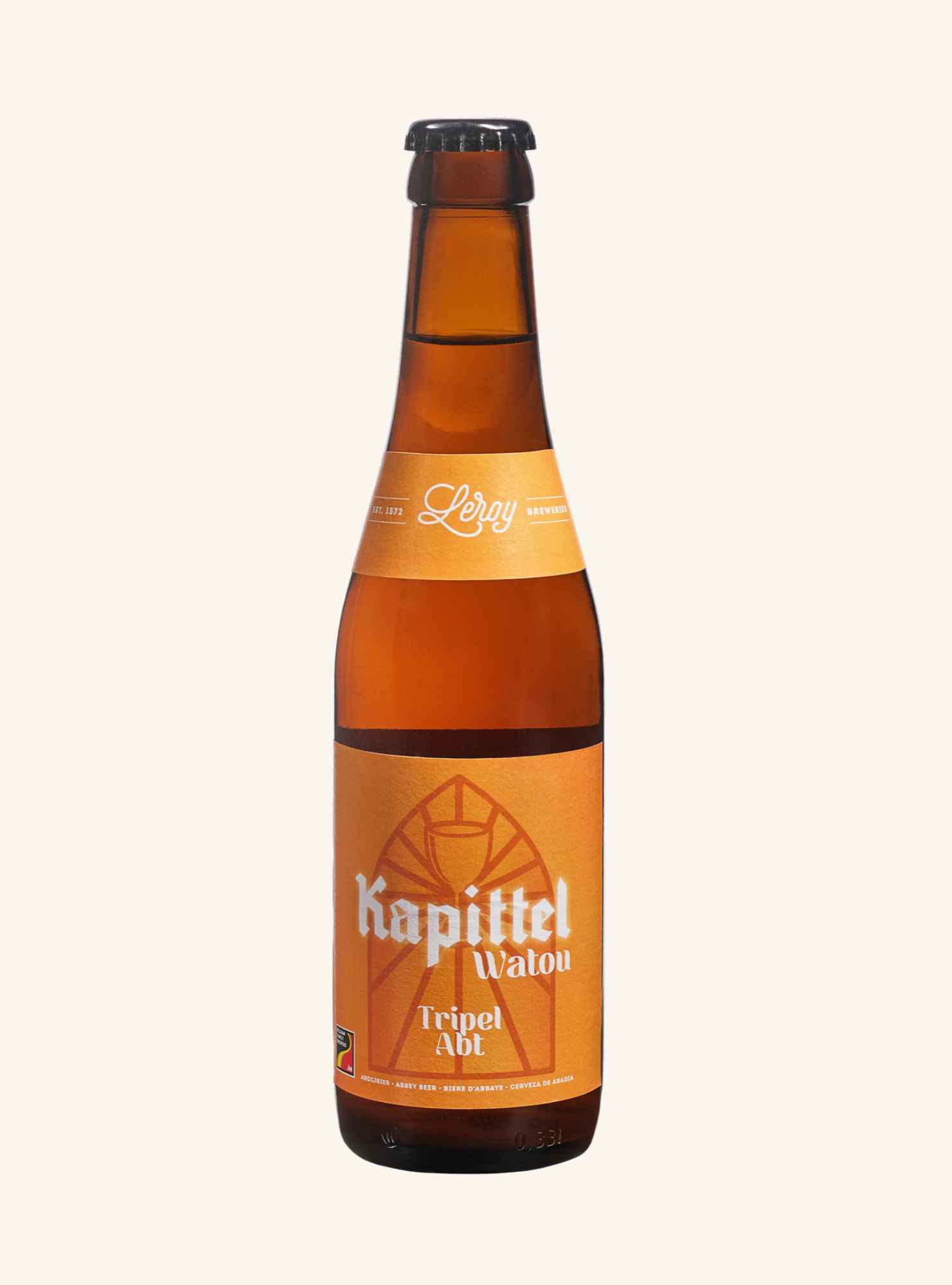 amber bottle of beer with a sunset coloured label branded kapittel tripel, crown seal on a white background. 