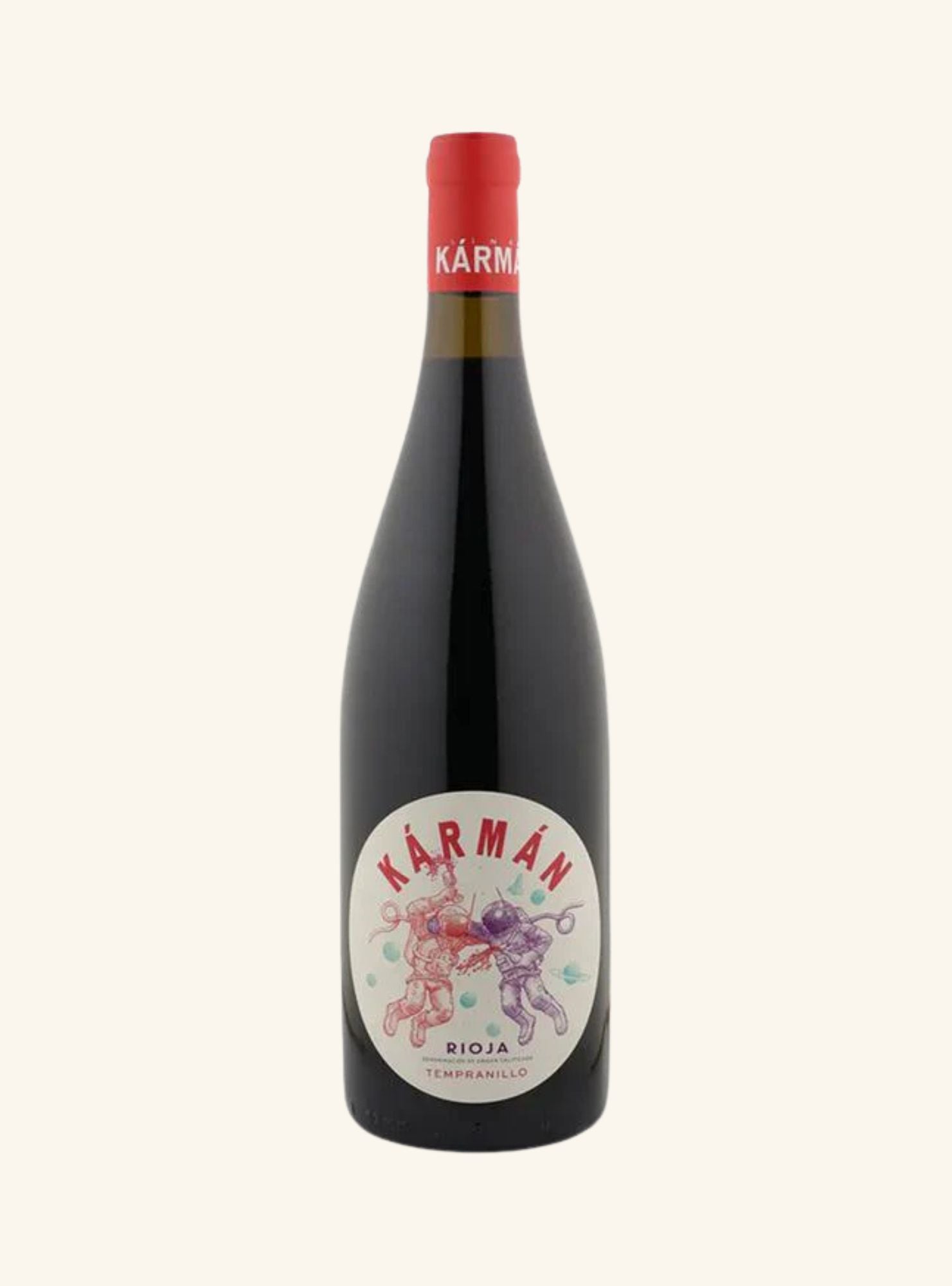 Karmán Rioja wine bottle with colorful label on a white background