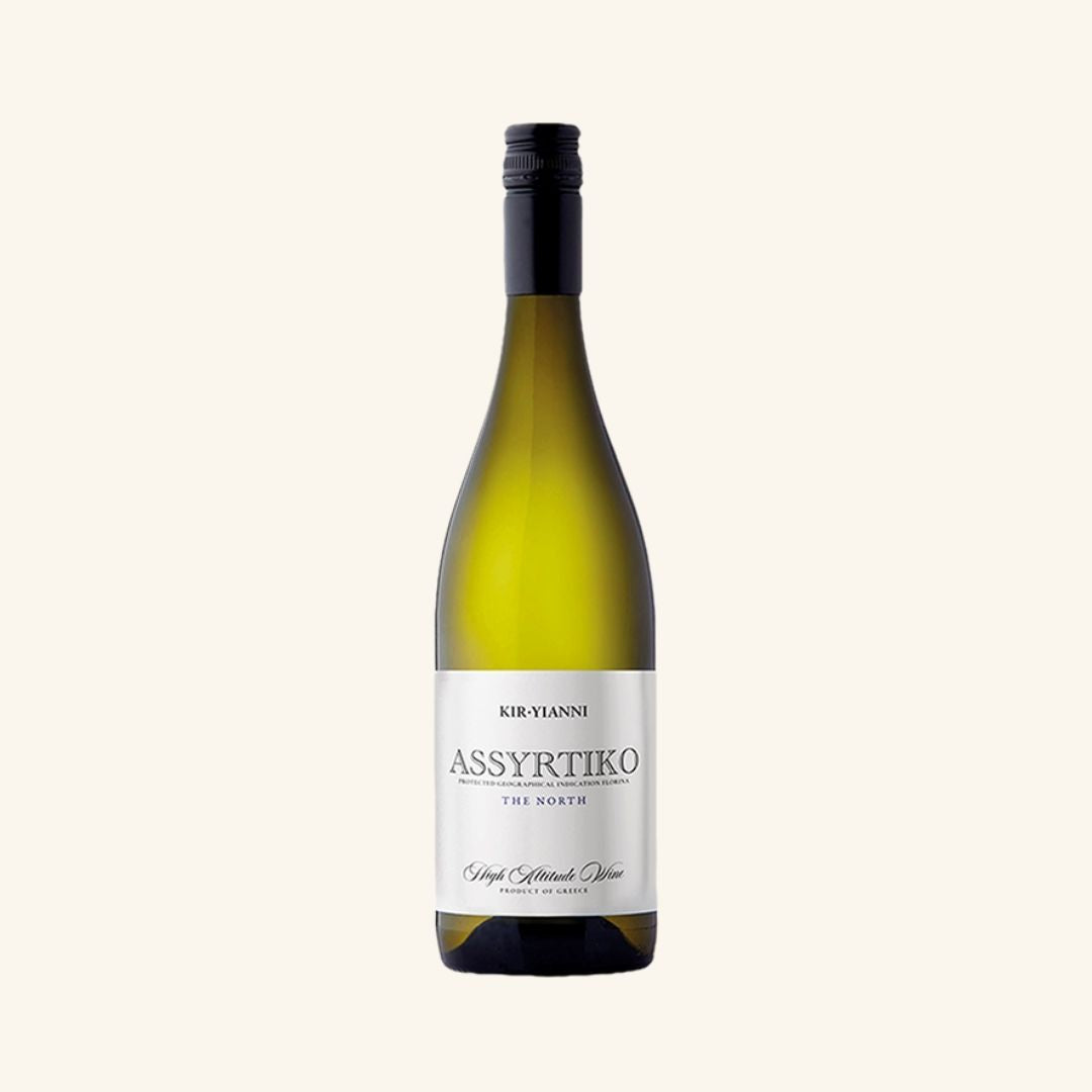 Wine bottle labeled 'kir-yianni Assyrtiko' on a white background