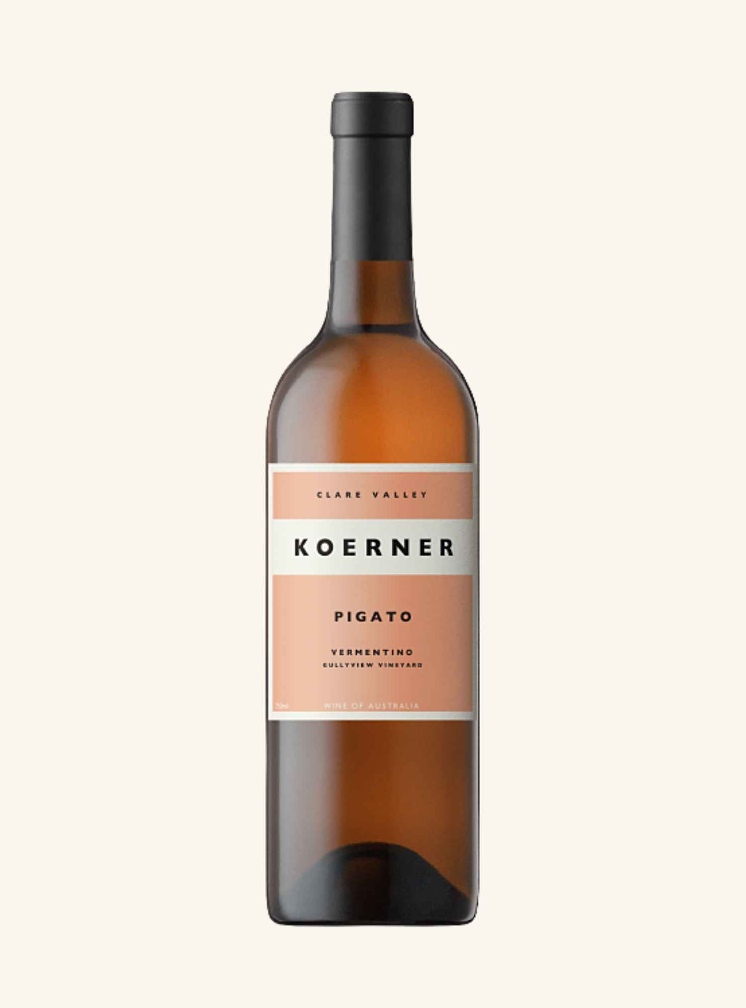 A bottle of Koerner Clare Valley pigato vermentino white wine, featuring a peach and white label on a light cream background.