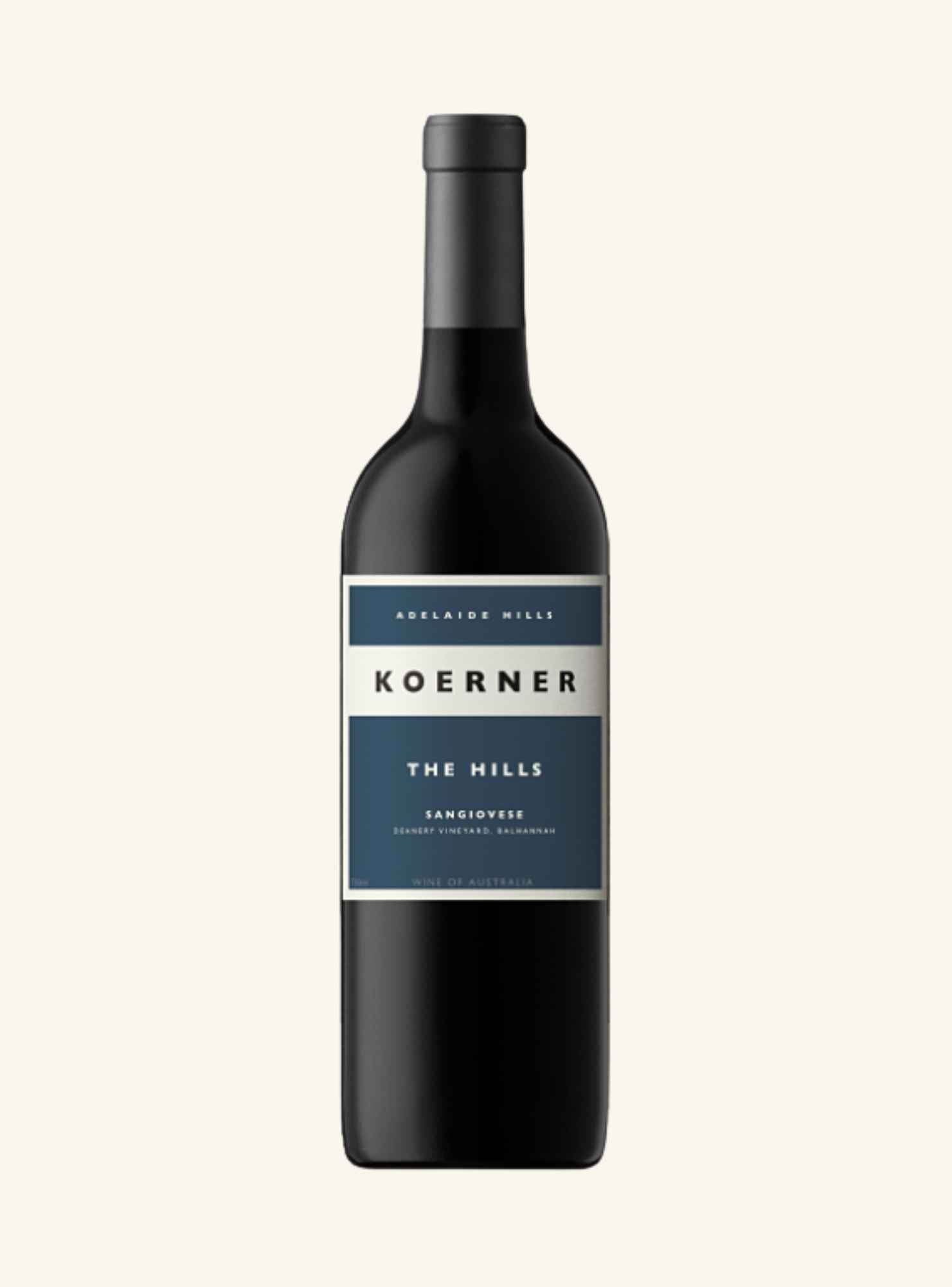 bottle of koerner the hills sangiovese with a dark blue label on a white background.