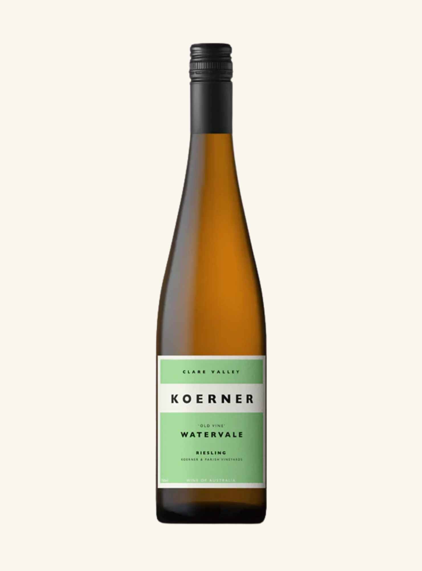 A bottle of Koerner Clare Valley Watervale Riesling wine, featuring a light green label and a black screw cap, centered on a solid off-white background.
