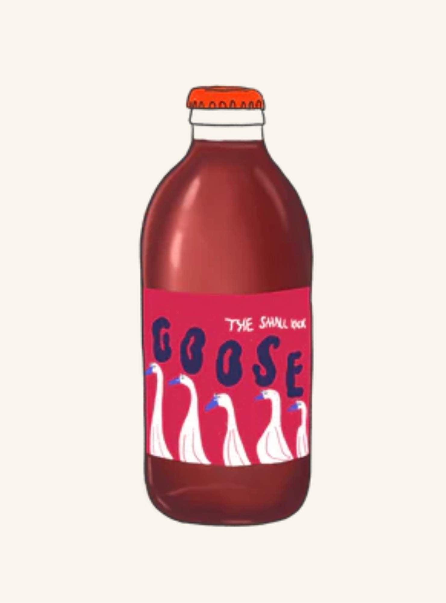 Bottle with a red label featuring goose illustrations on a white background
