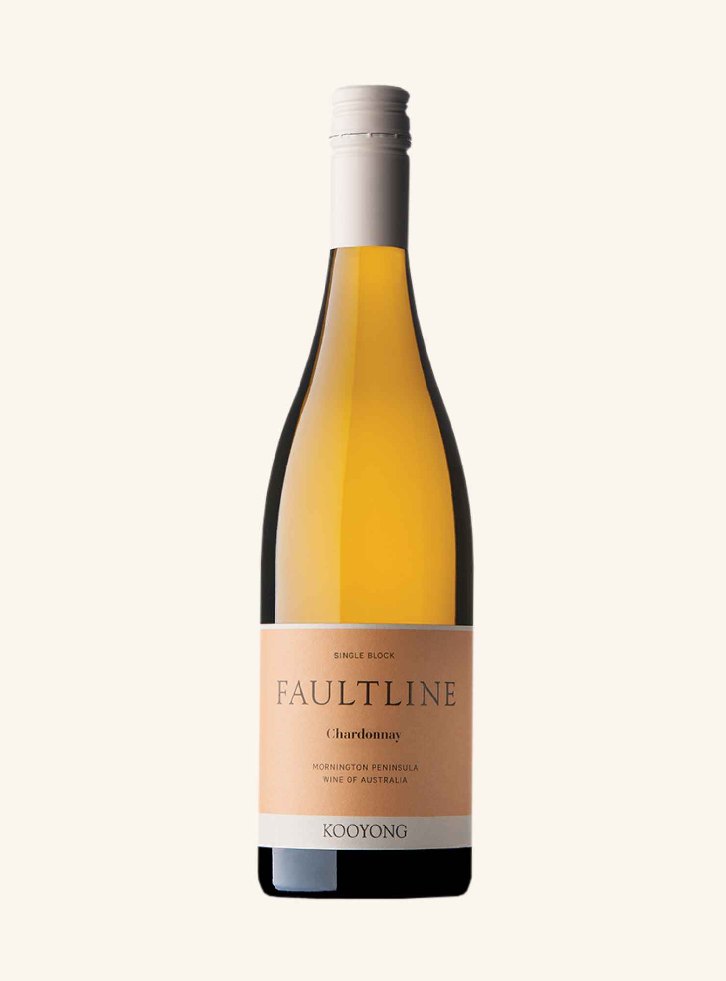 bottle of kooyong faultline chardonnay with a coral coloured label, a white cap and superimposed over a white background.