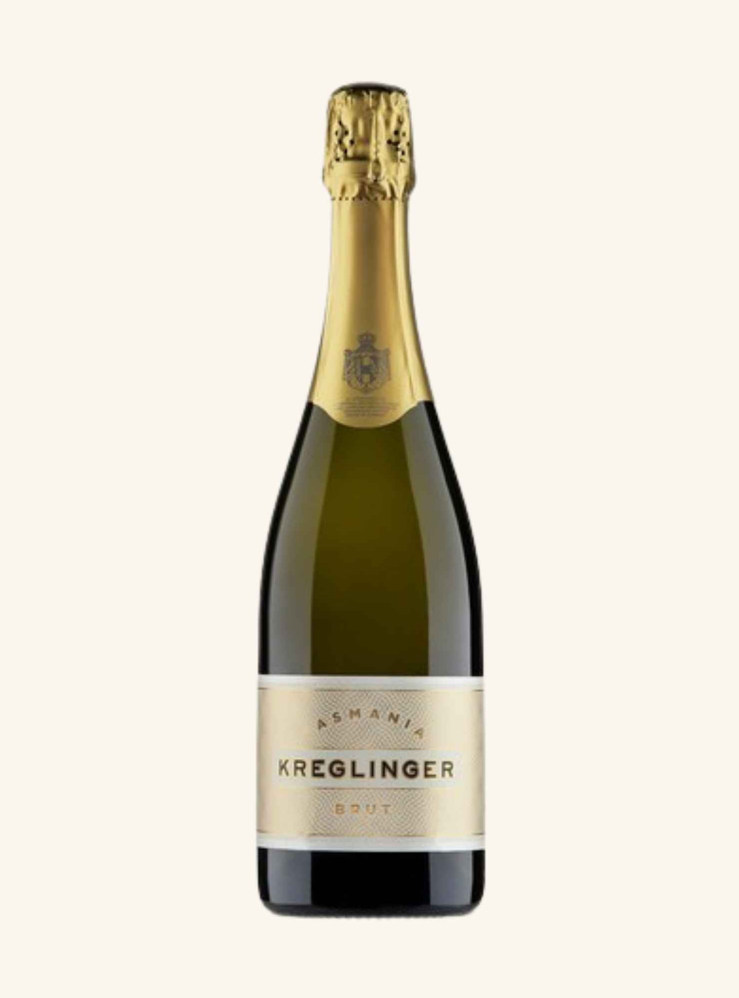 A bottle of Kreglinger Tasmania Brut sparkling wine on a solid off-white background. The bottle is dark green glass with a gold foil capsule and a cream-colored label.