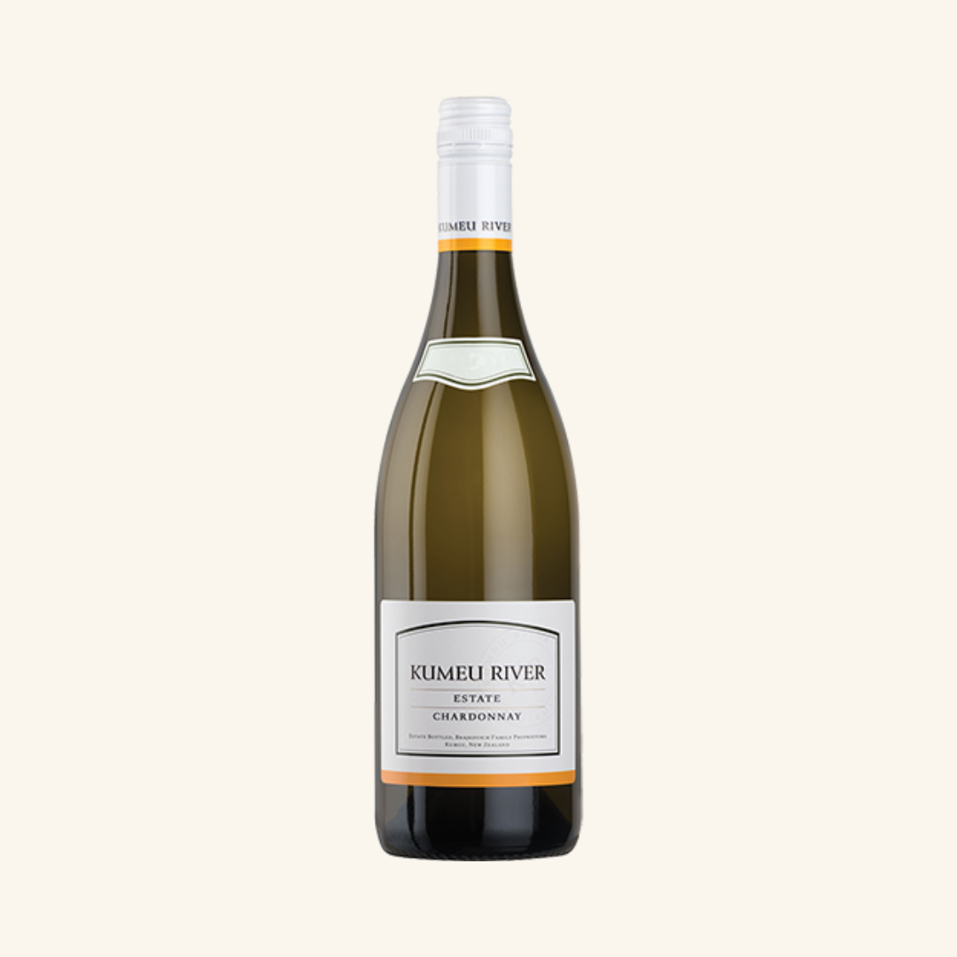 Bottle of Kumeu River Estate Chardonnay white wine with a plain background.