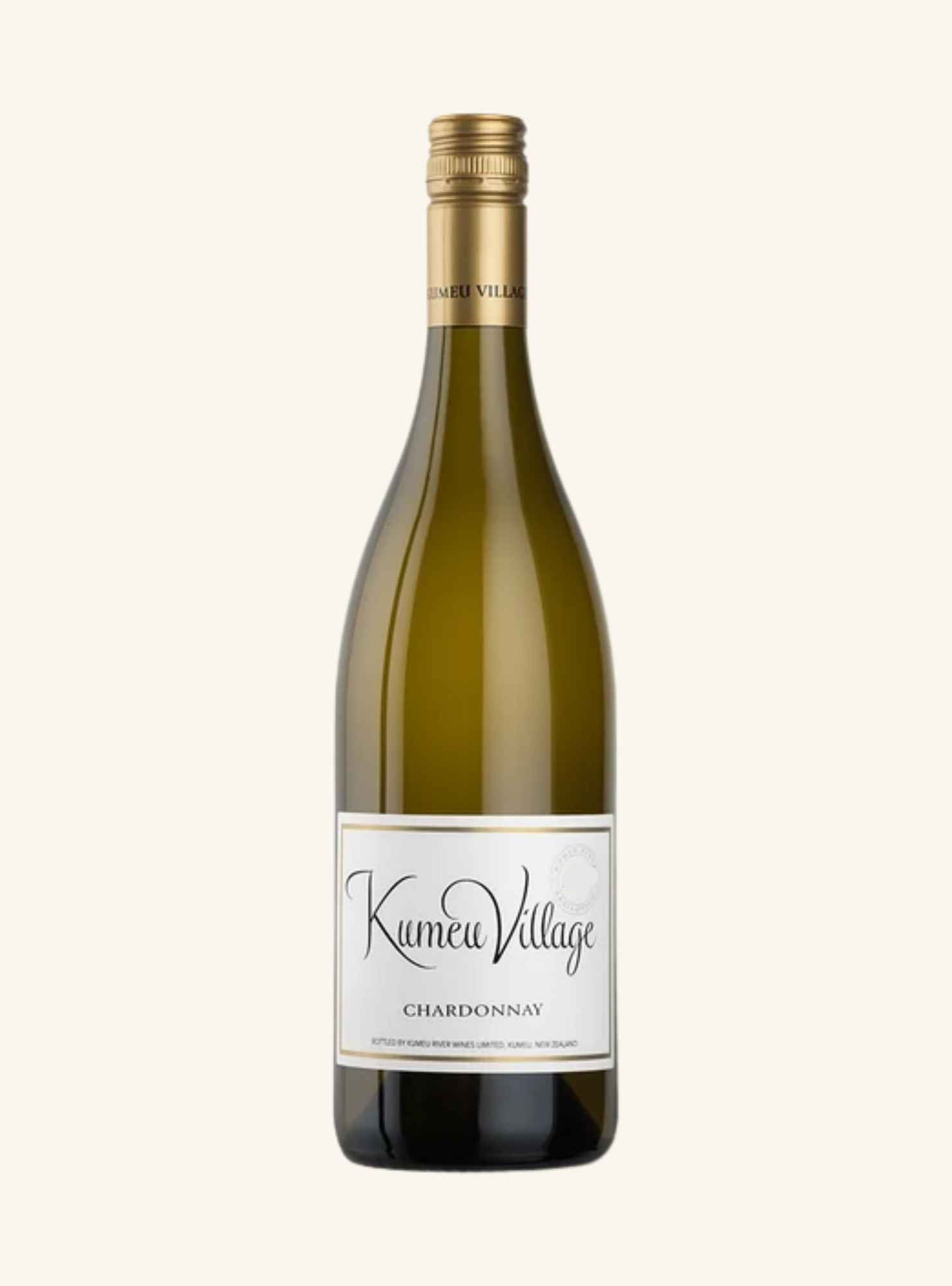 bottle of kumeu village chardonnay with a white label with the brand name and varietal on white background.