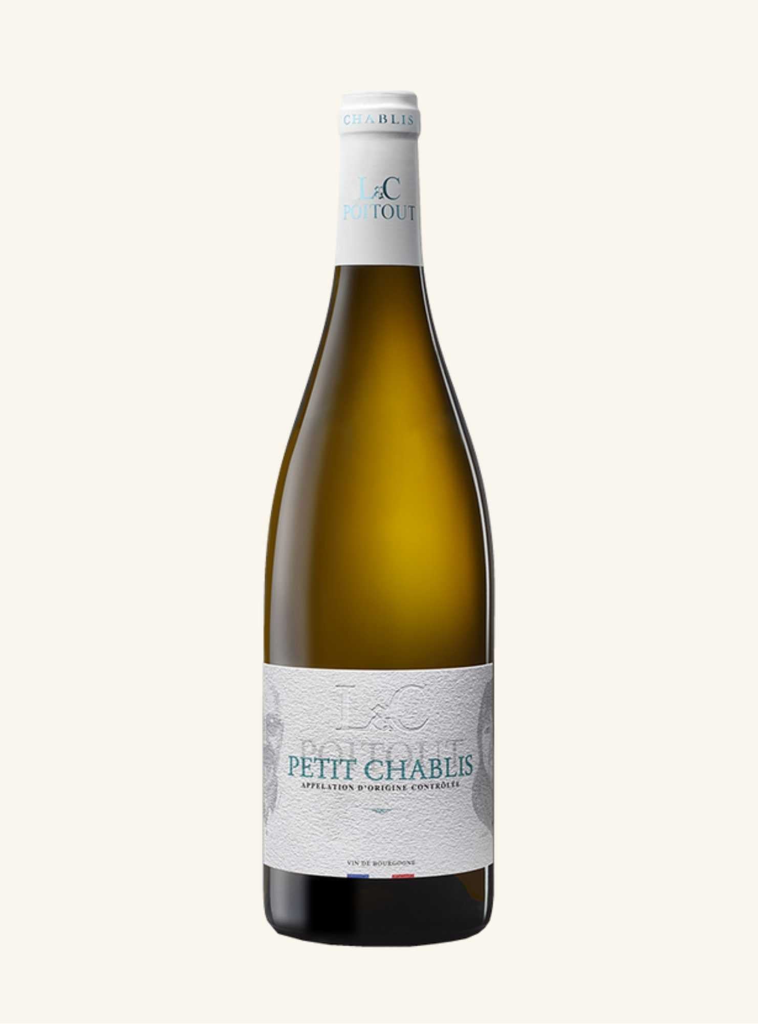 Wine bottle labeled 'Petit Chablis' on a white background