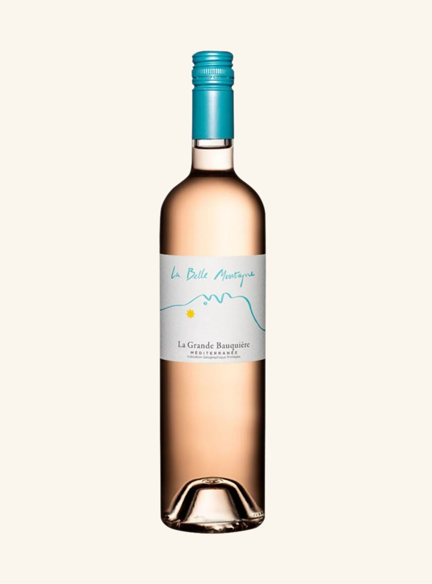 Rose Wine bottle with a blue cap and white label branded la belle montagne on a white background