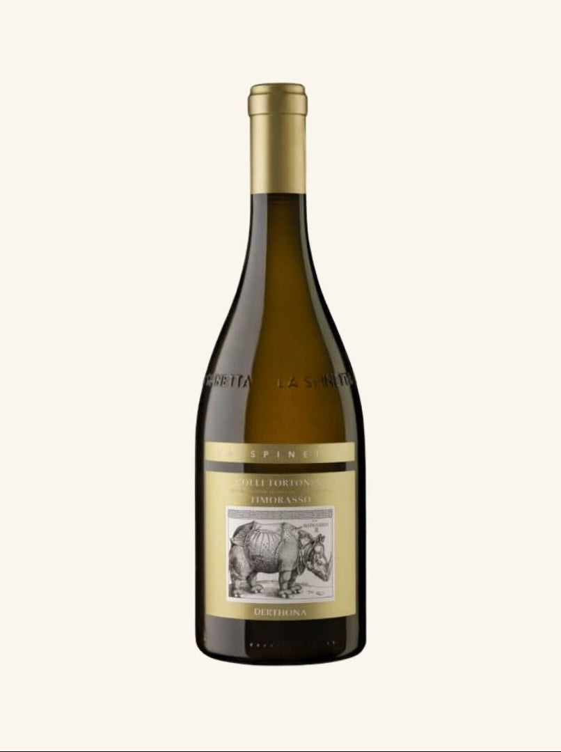 white wine bottle with a gold label featuring an rhinoceros on a white background